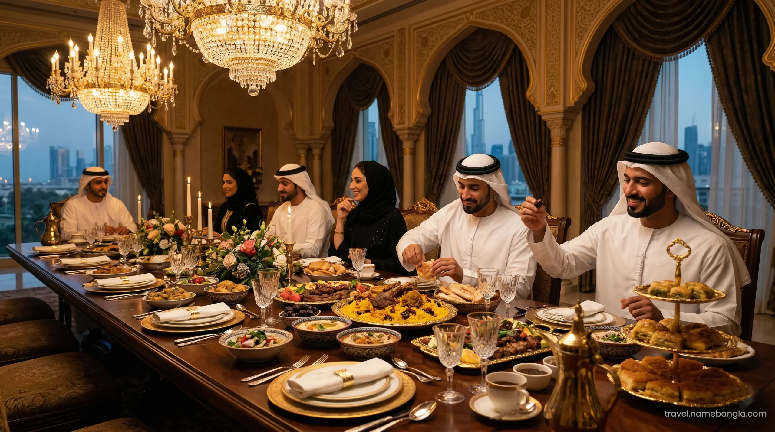 A lavish Halal Iftar feast prepared by celebrity chefs for VIP guests at a premium Dubai luxury resort.