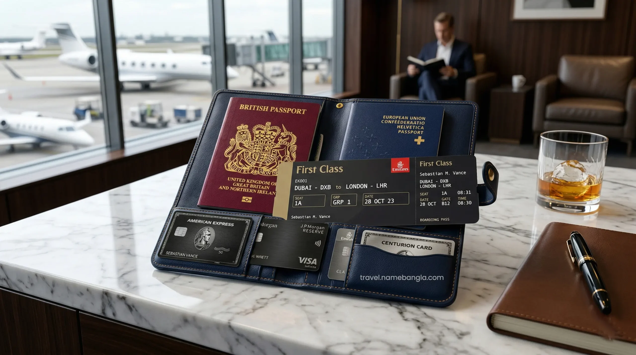 A collection of premium international passports and luxury travel documents representing seamless UAE visa services.
