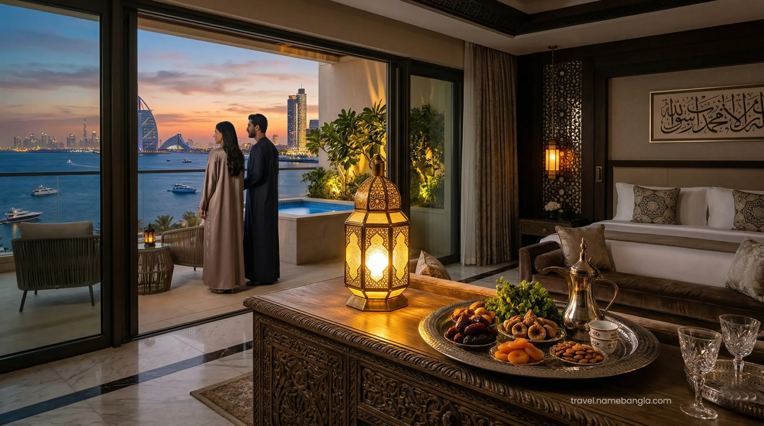High-net-worth GCC residents relaxing in an ultra-luxurious suite at Atlantis The Palm during a premium Ramadan staycation.