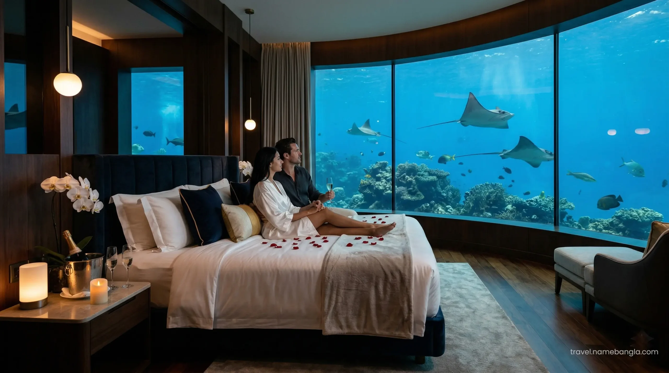 An exclusive luxury romantic setup inside the Underwater Suite at Atlantis The Palm Dubai for elite honeymooners.