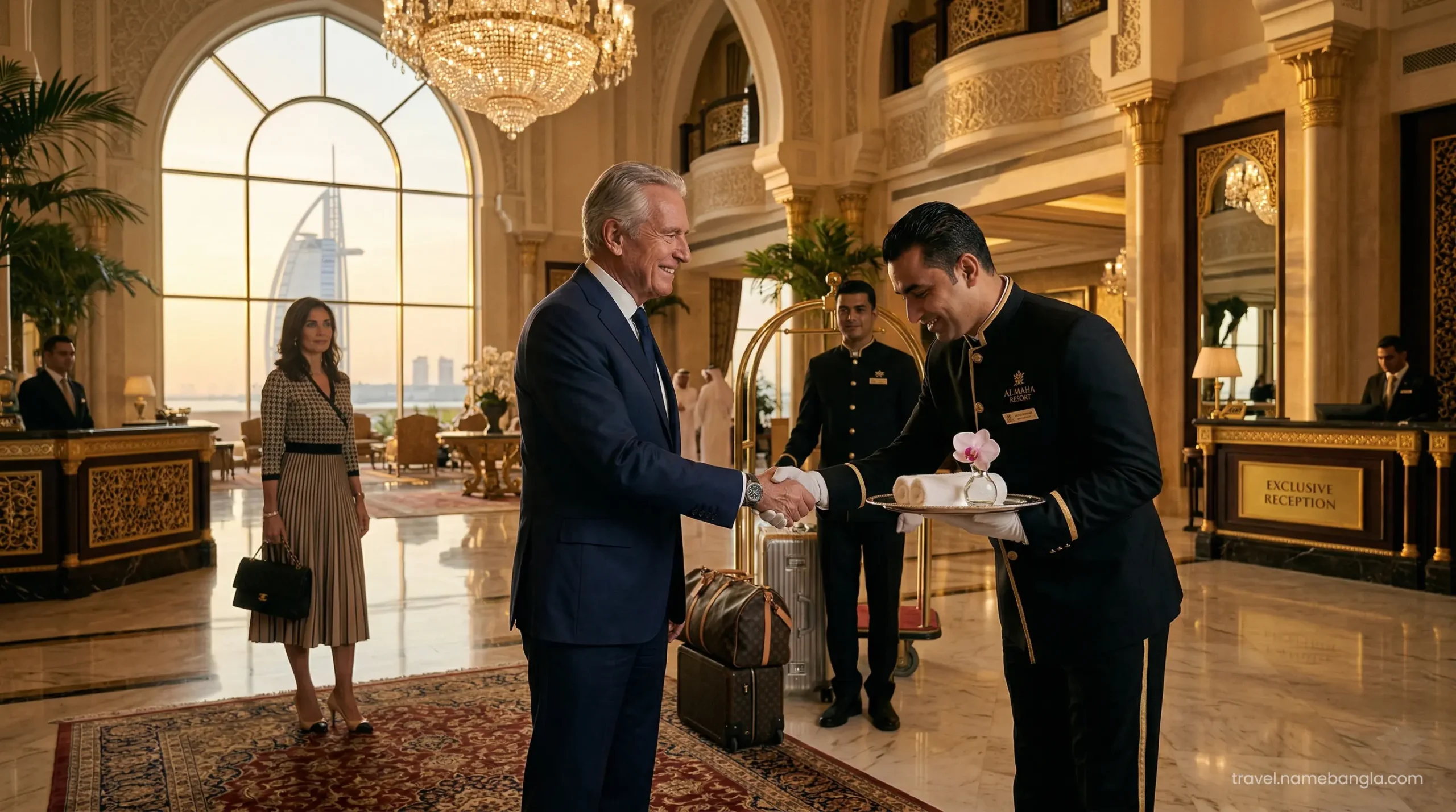 High-net-worth individuals arriving via private transfer for their luxury Underwater Suite experience in Dubai.