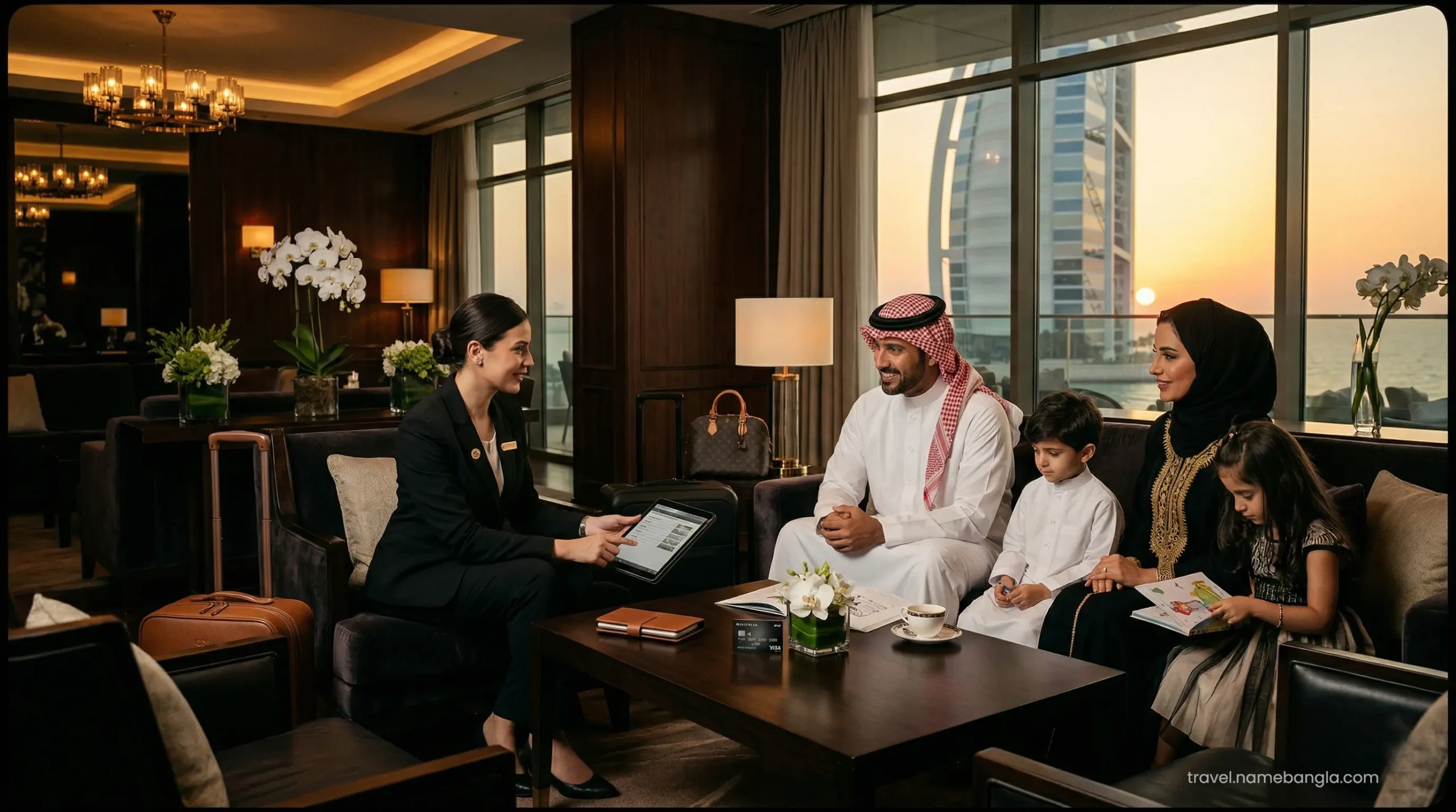 High-net-worth individuals enjoying exclusive GCC offshore banking and VIP concierge services at an elite Dubai resort lounge.