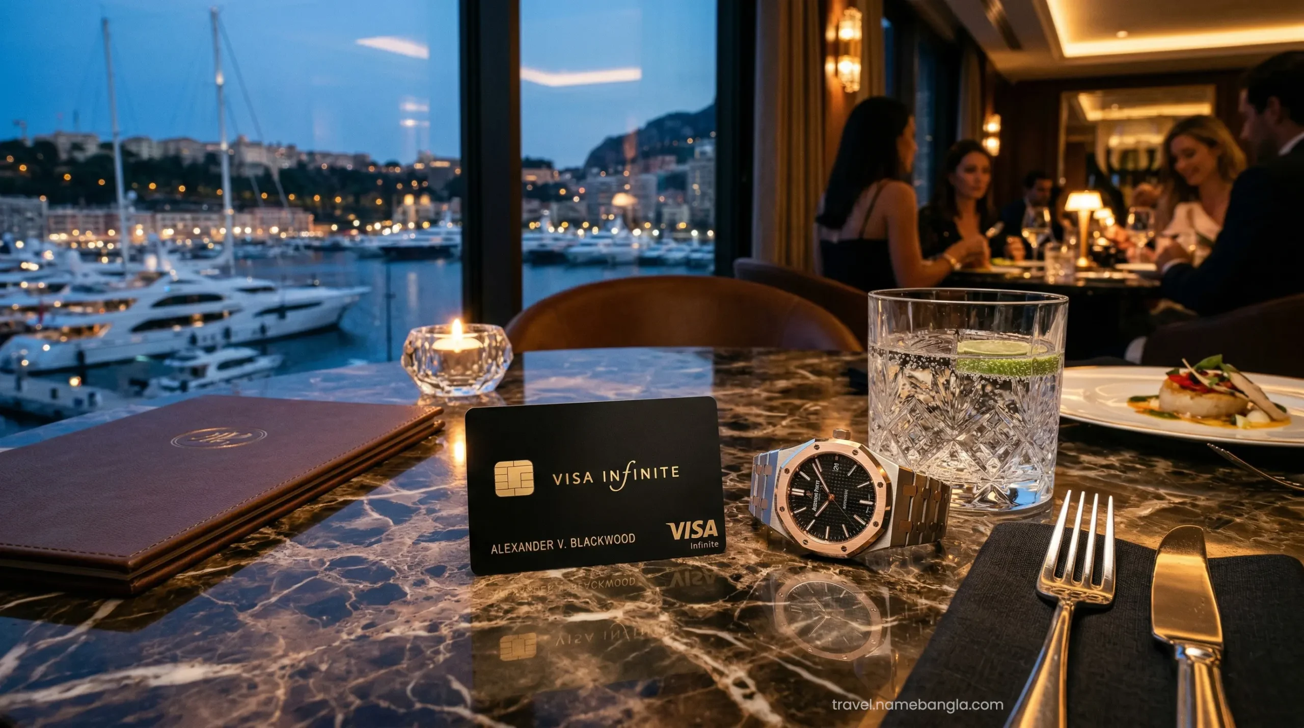 A premium Visa Infinite card placed on a silver tray inside a luxury Dubai restaurant, representing elite private banking dining perks.
