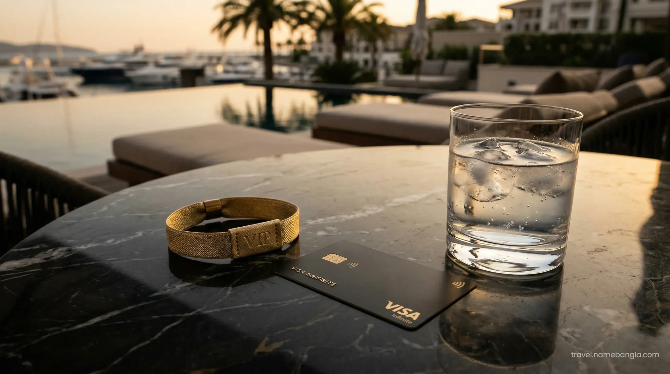 A premium Visa Infinite card resting next to an Aquaventure VIP Fast-Track wristband on a silver tray.