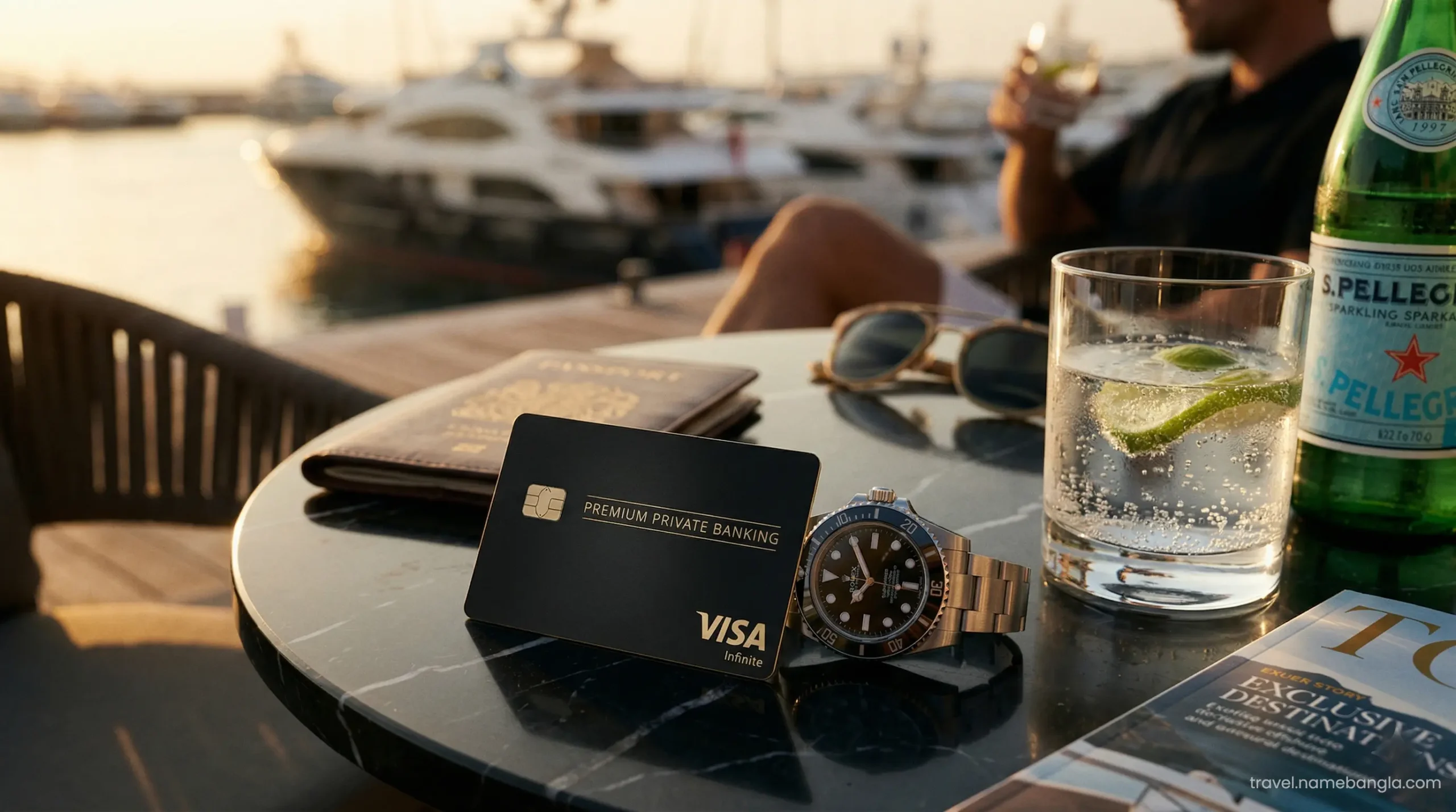 A premium Visa Infinite card placed on a gold tray inside a luxury Dubai suite, representing elite offshore banking benefits.