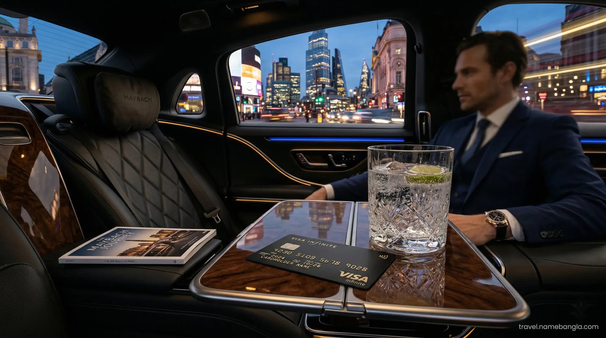 A premium Visa Infinite card resting inside a luxury Maybach airport transfer vehicle, representing elite offshore banking travel perks.