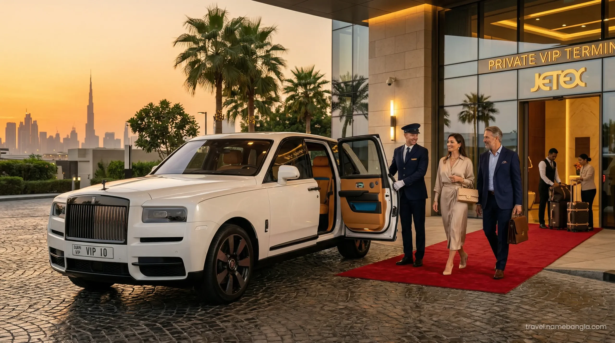 A premium Rolls Royce VIP airport transfer service in Dubai representing elite private banking travel perks.