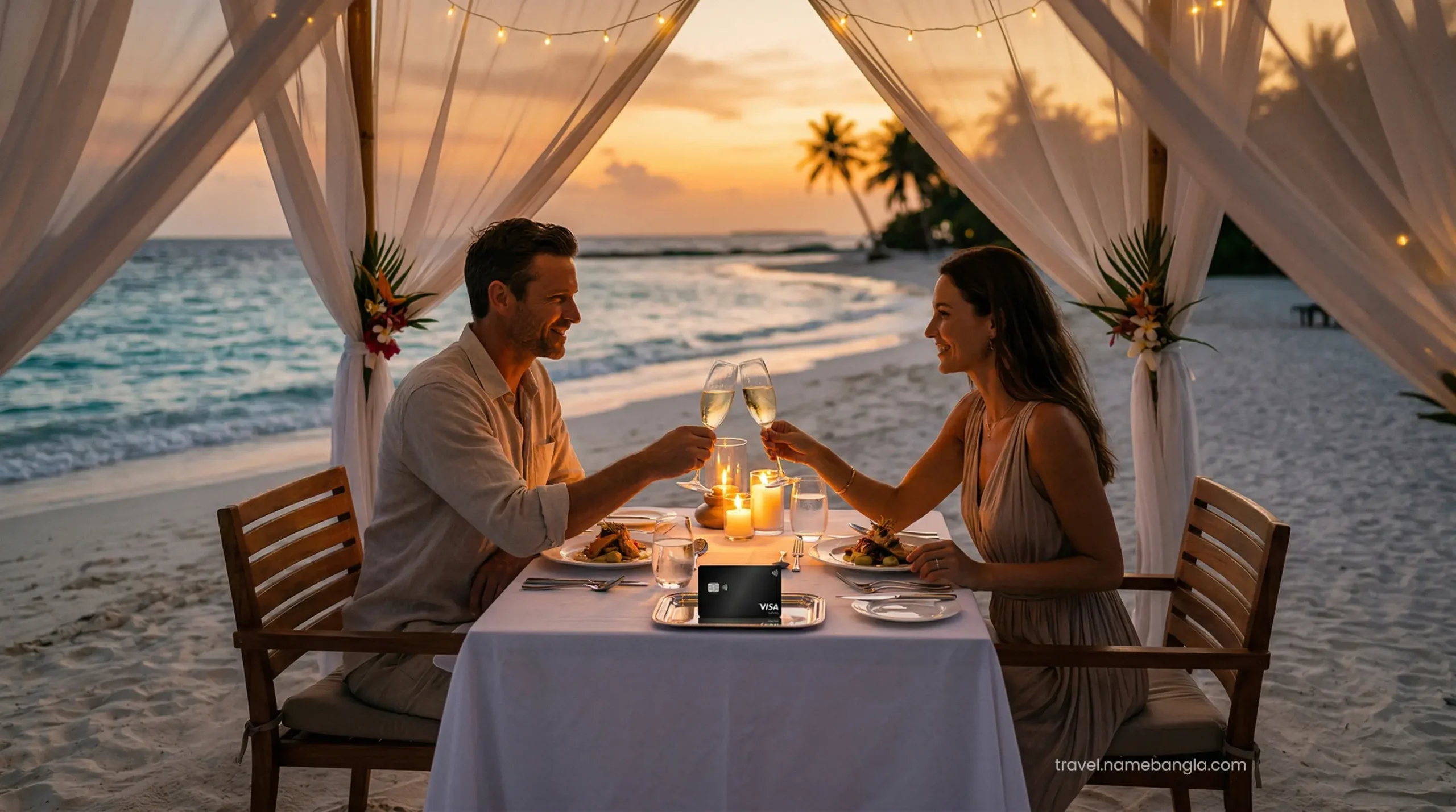 A private romantic dinner on the exclusive Imperial Club beach, representing elite private banking concierge travel perks.