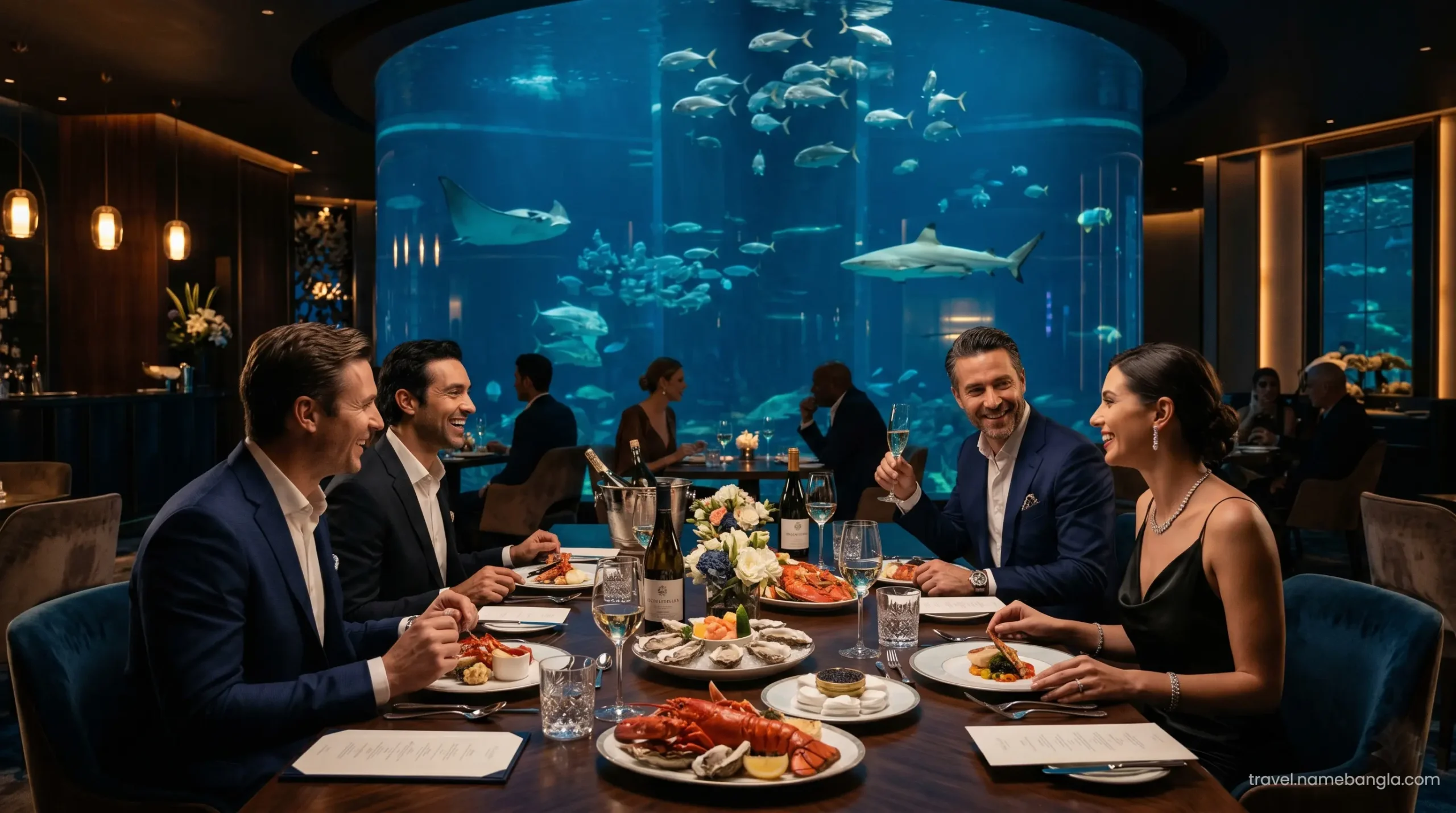 High-net-worth individuals discussing offshore financial portfolios during a premium dinner at Al Mahara, Burj Al Arab.