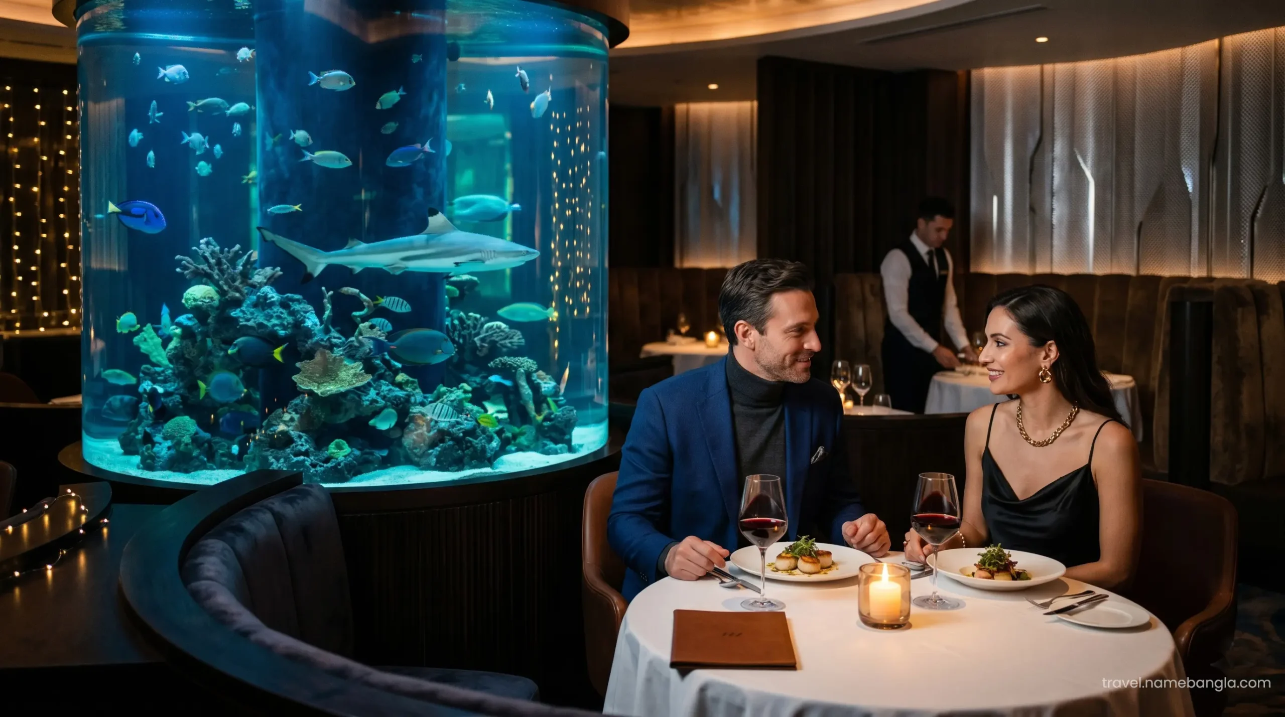 A high-net-worth couple enjoying a deeply private, romantic Michelin-starred dinner at Al Mahara inside Burj Al Arab.