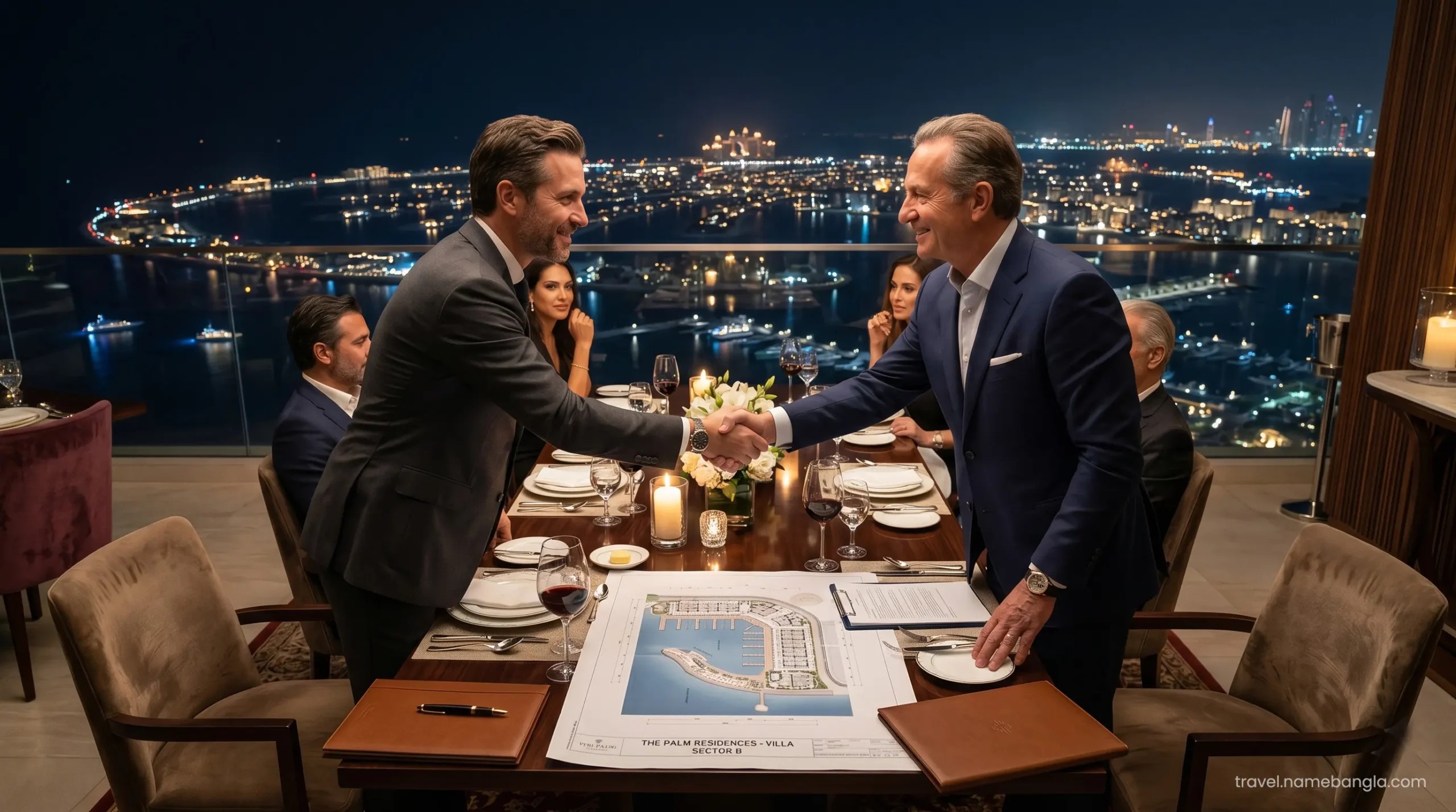 Elite international investors securing luxury real estate investments in Dubai during a high-stakes corporate dinner at Al Muntaha.