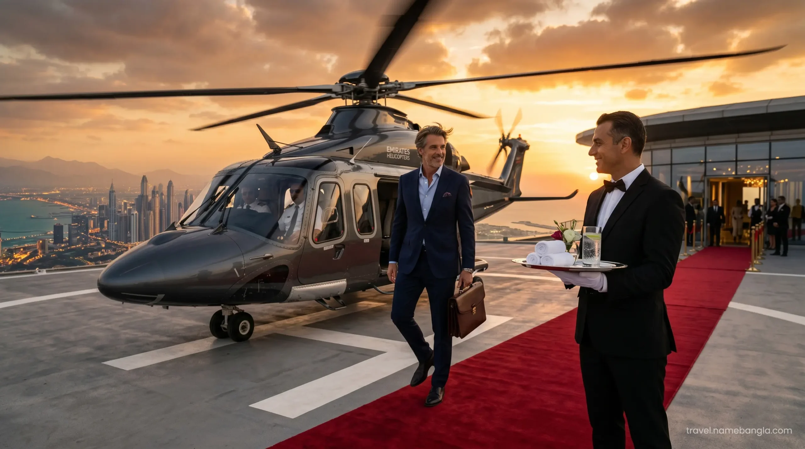 A dedicated Burj Al Arab butler waiting on the rooftop helipad to greet arriving VIP guests stepping out of a luxury helicopter.
