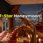 A breathtaking romantic setup with thousands of red rose petals inside a luxury suite at the Burj Al Arab.