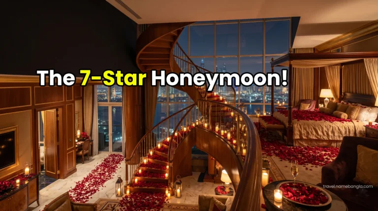 A breathtaking romantic setup with thousands of red rose petals inside a luxury suite at the Burj Al Arab.