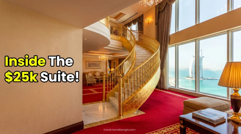 A breathtaking view of the grand staircase inside the ultra-luxurious Burj Al Arab Royal Suite in Dubai.