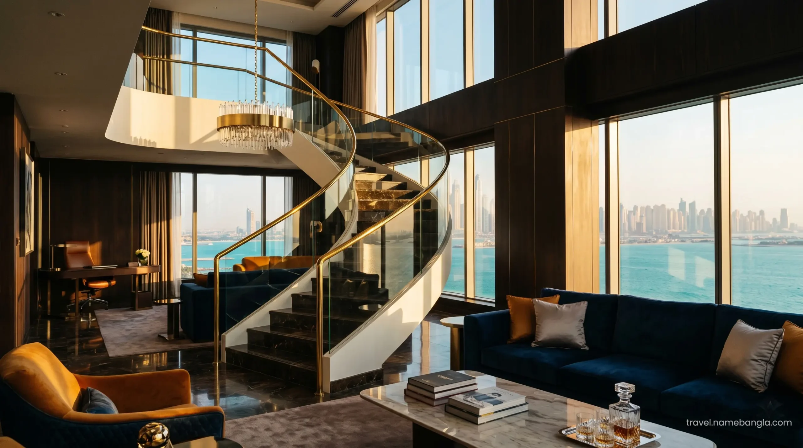Elite international travelers enjoying the opulent two-story interiors of a Burj Al Arab signature suite.