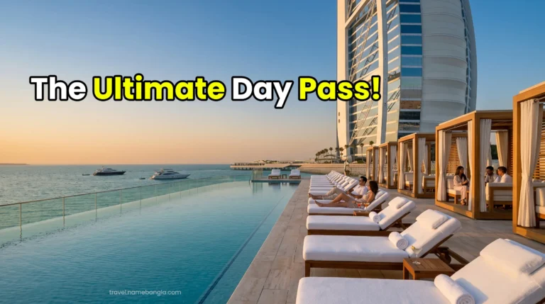 A breathtaking view of the luxury infinity pool and private cabanas on the Burj Al Arab Terrace in Dubai.