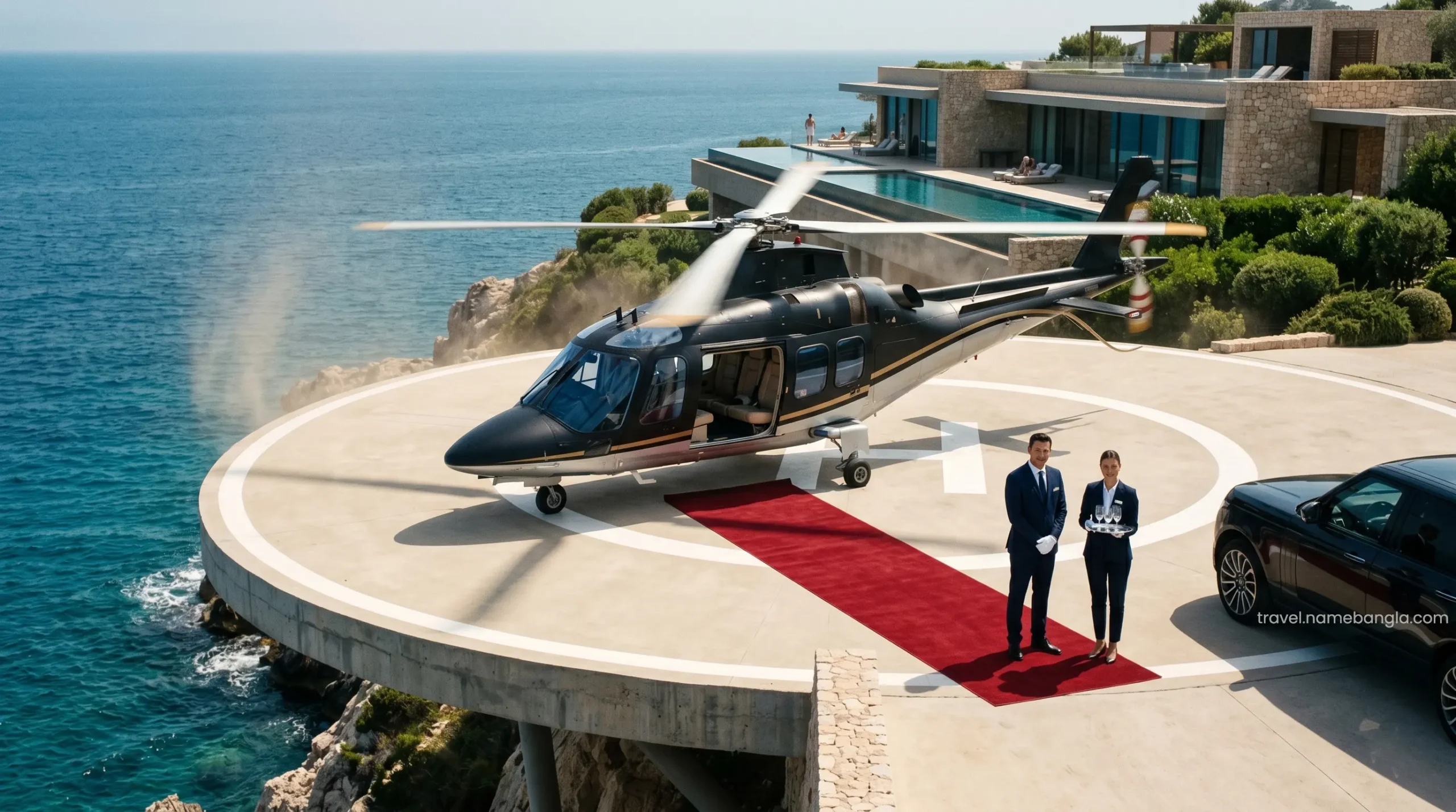 A private helicopter landing on the iconic Burj Al Arab helipad for a VIP guest arrival.