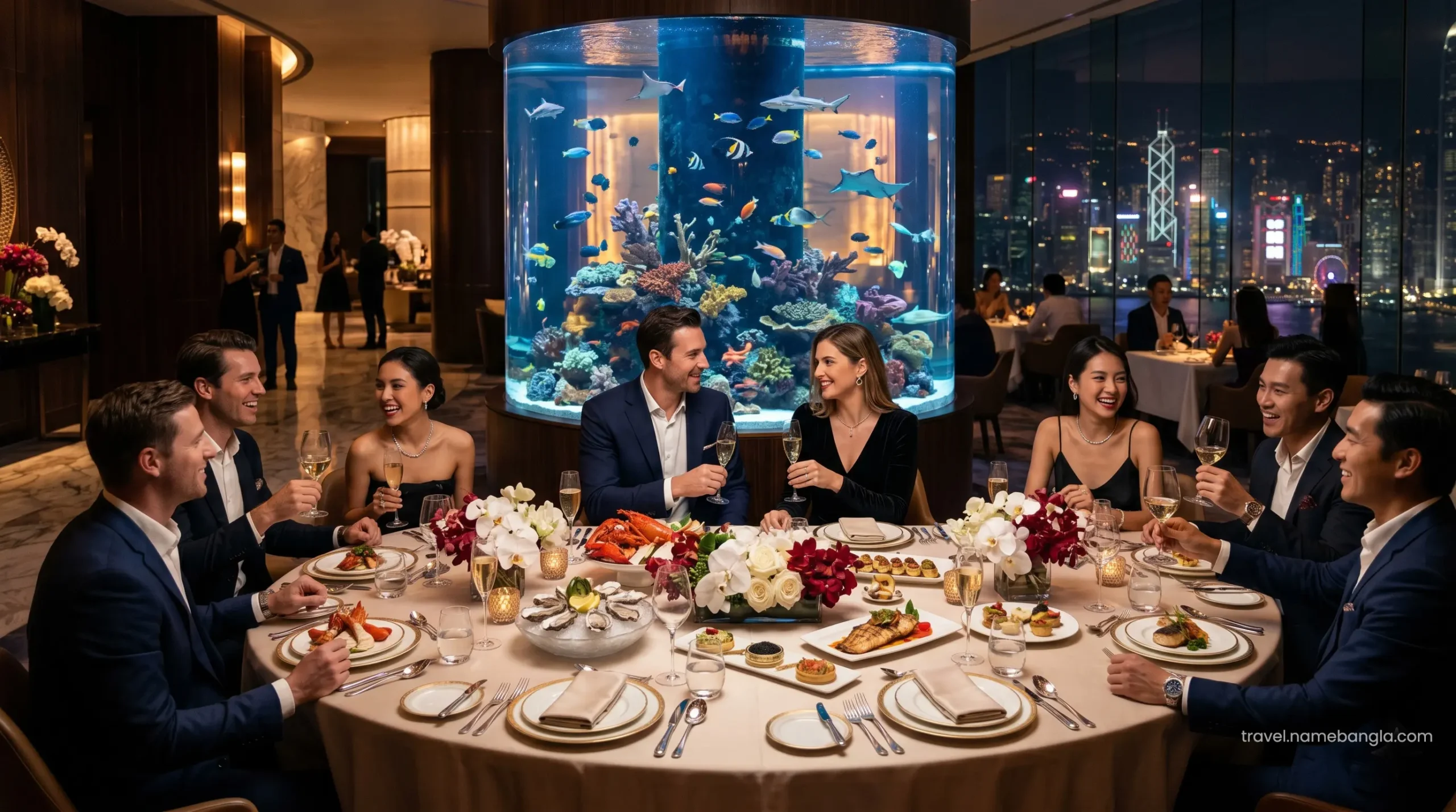 High-net-worth individuals discussing offshore financial portfolios during a premium dinner at Burj Al Arab.