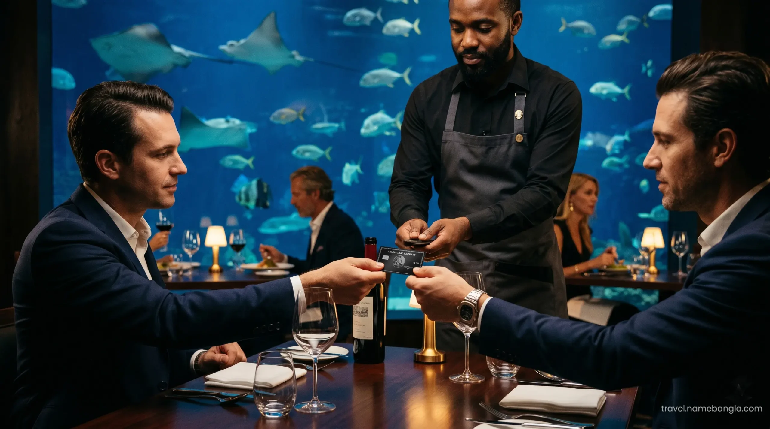 Paying for an elite fine dining experience at a Michelin-starred Dubai restaurant using a premium metal credit card.