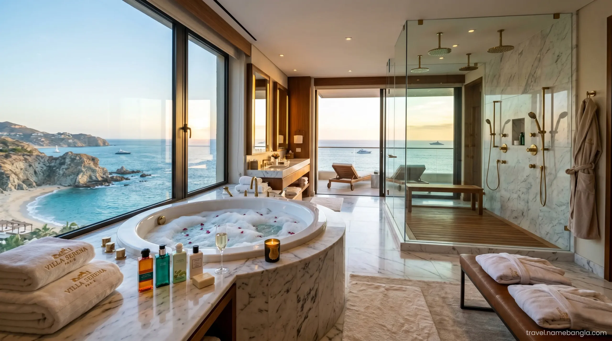 A massive marble Jacuzzi surrounded by full-size Hermès amenities inside the master bathroom of the Burj Al Arab Royal Suite.