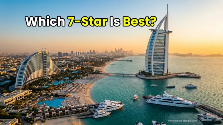 A breathtaking aerial view comparing the wave-shaped Jumeirah Beach Hotel with the sail-shaped Burj Al Arab in Dubai.