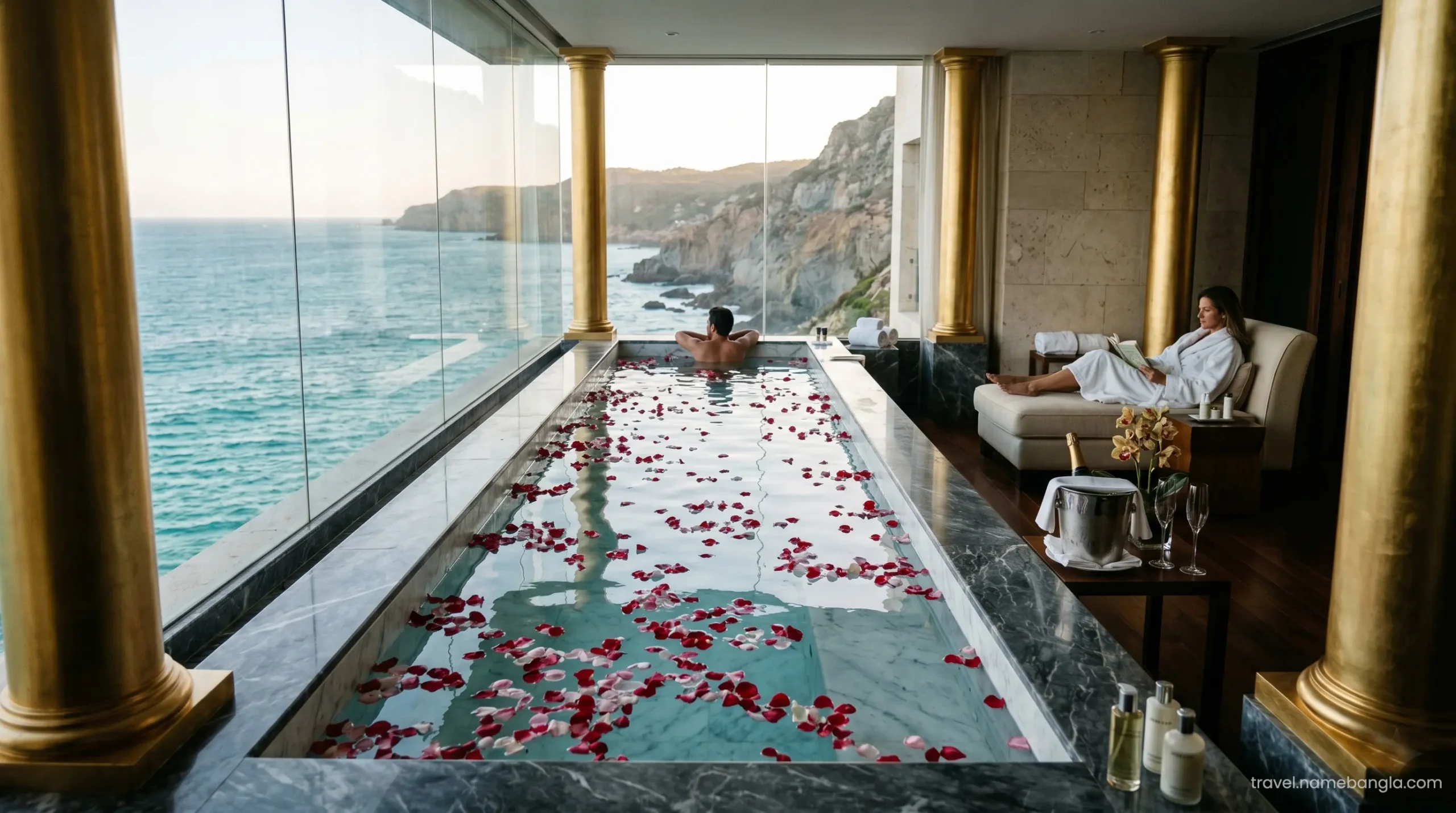 Elite international investors relaxing in a deeply private, gold-leafed couples' spa suite at the Talise Spa overlooking the Arabian Gulf.