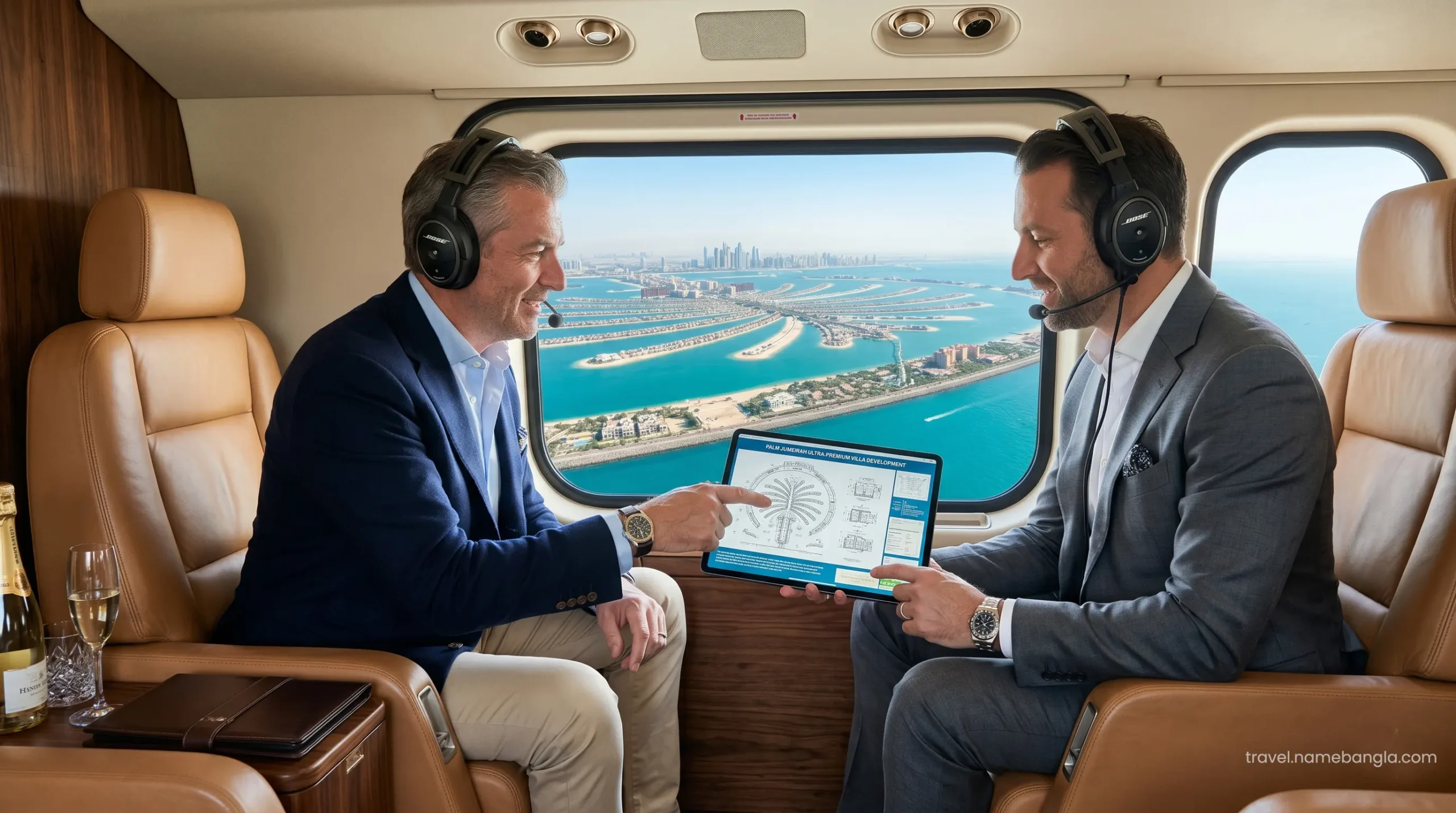 Elite international investors discussing offshore financial portfolios while looking at luxury Dubai real estate from a private helicopter cabin.