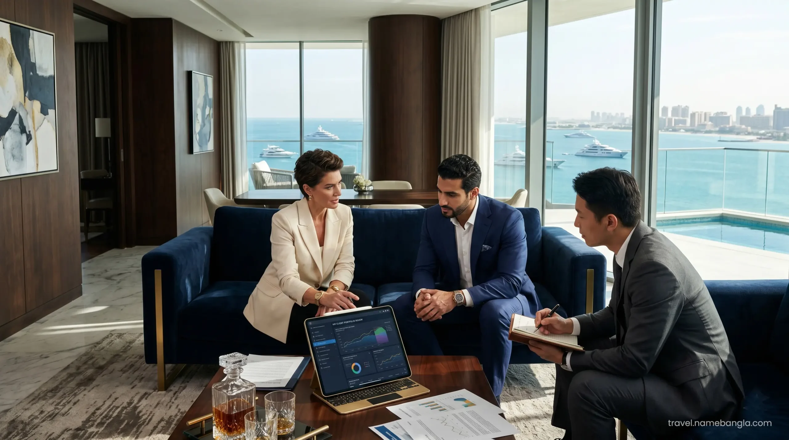 High-net-worth individuals discussing offshore financial portfolios in a private luxury suite overlooking the Dubai coastline.