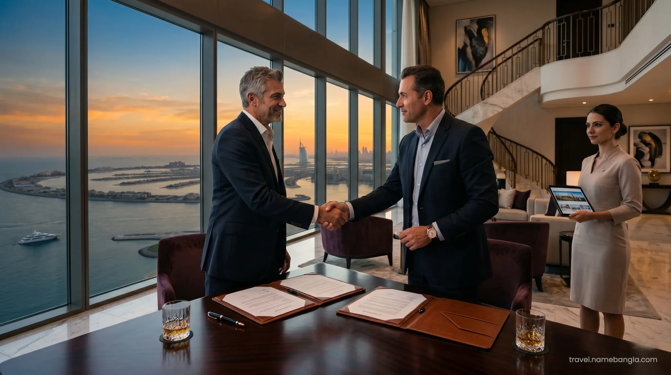 Elite international investors securing luxury real estate investments in Dubai from the comfort of their lavish 7-star hotel suite.