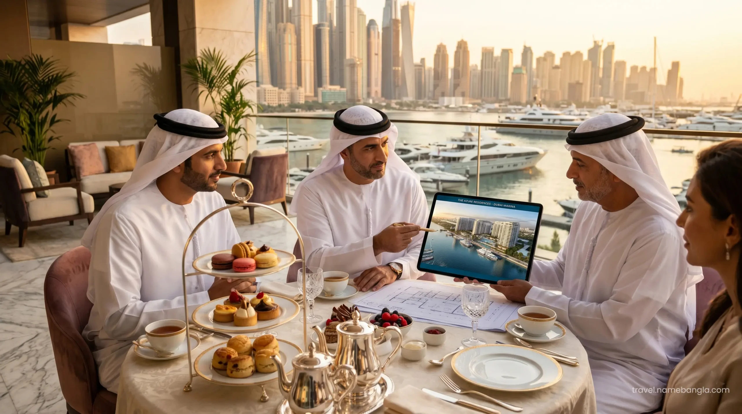 Elite international investors discussing offshore financial portfolios during a private VIP afternoon tea in Dubai.