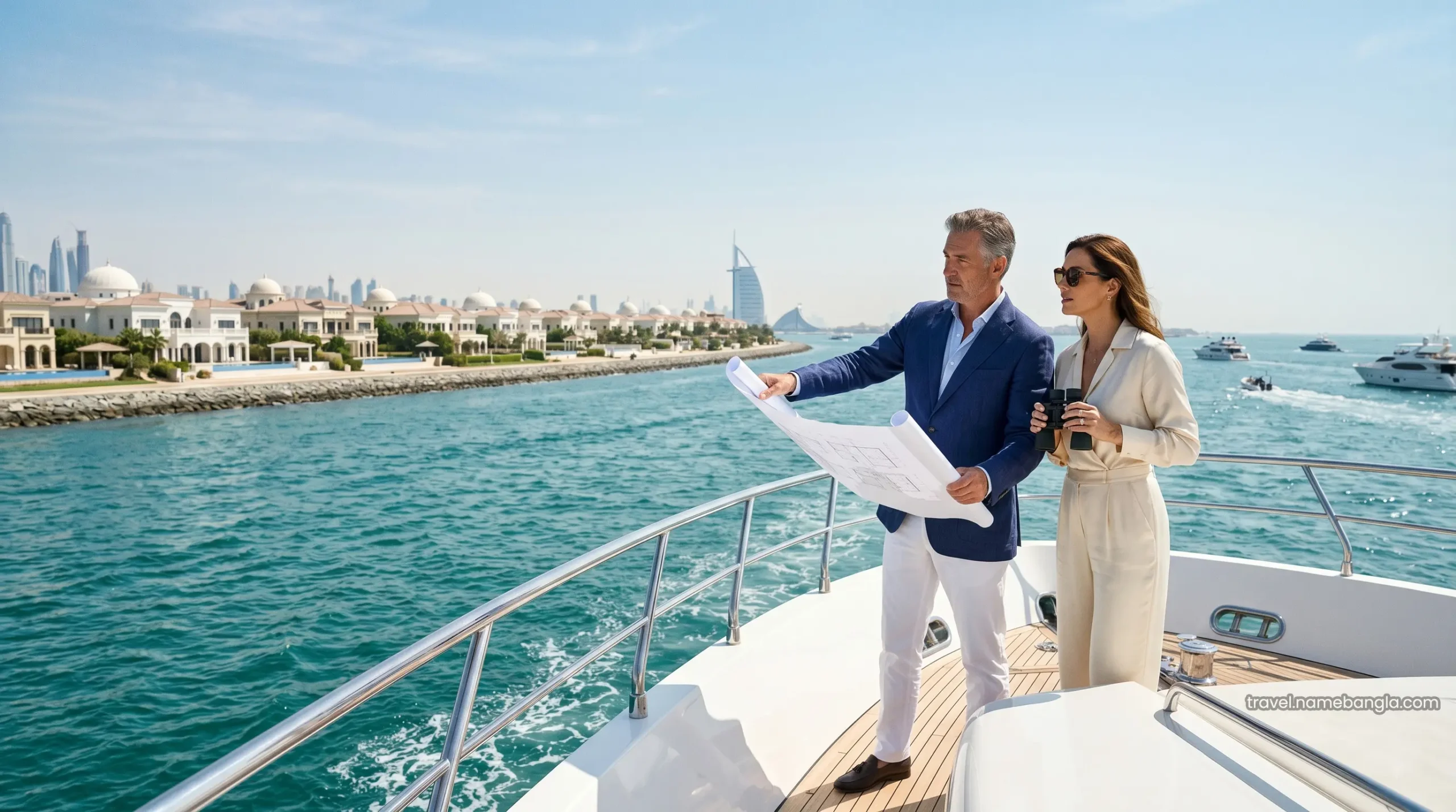 Elite international investors scouting luxury real estate investments in Dubai from the bow of a private mega-yacht.