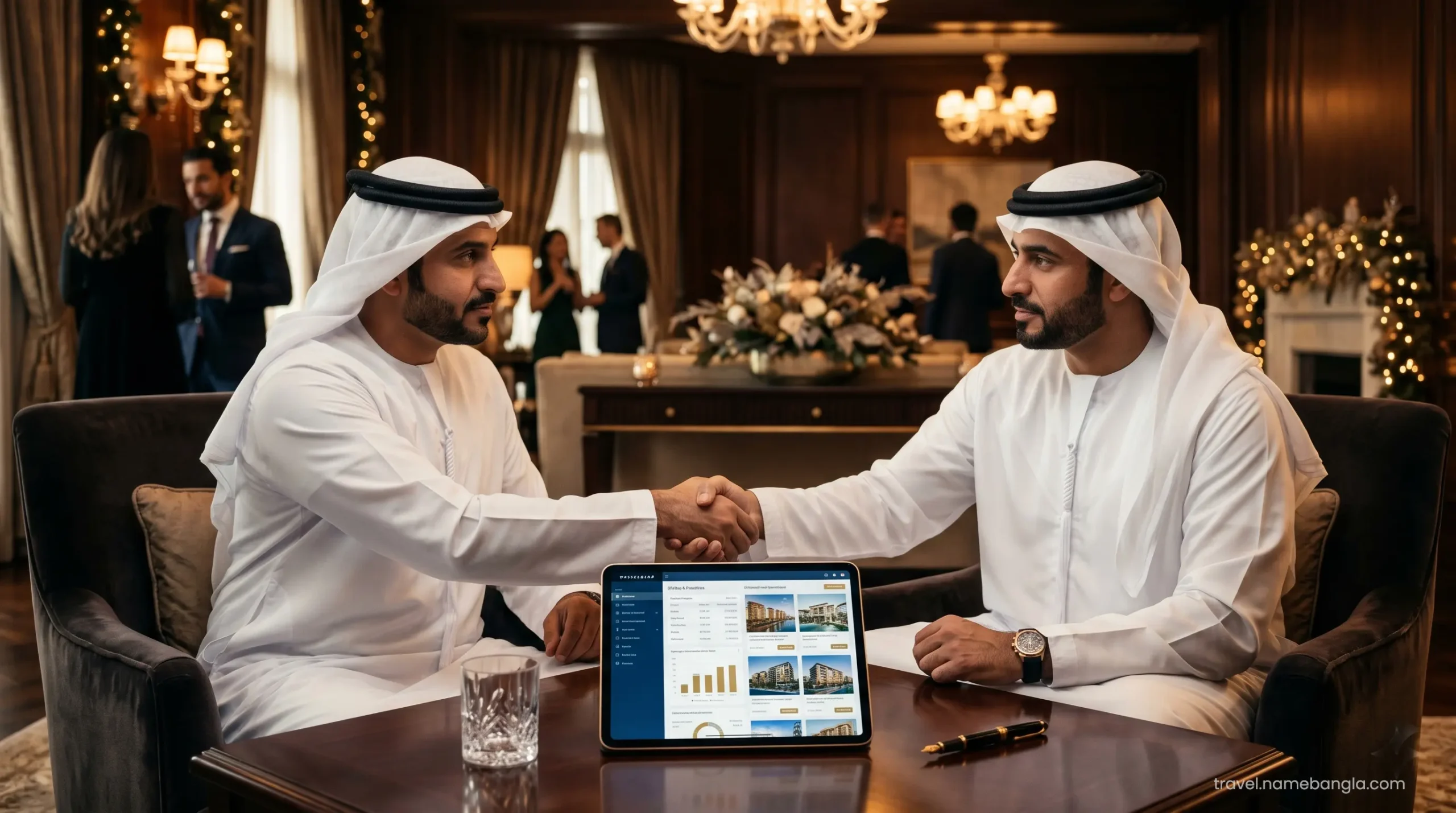 Elite international investors discussing luxury Dubai real estate investments during an exclusive Eid corporate gathering.
