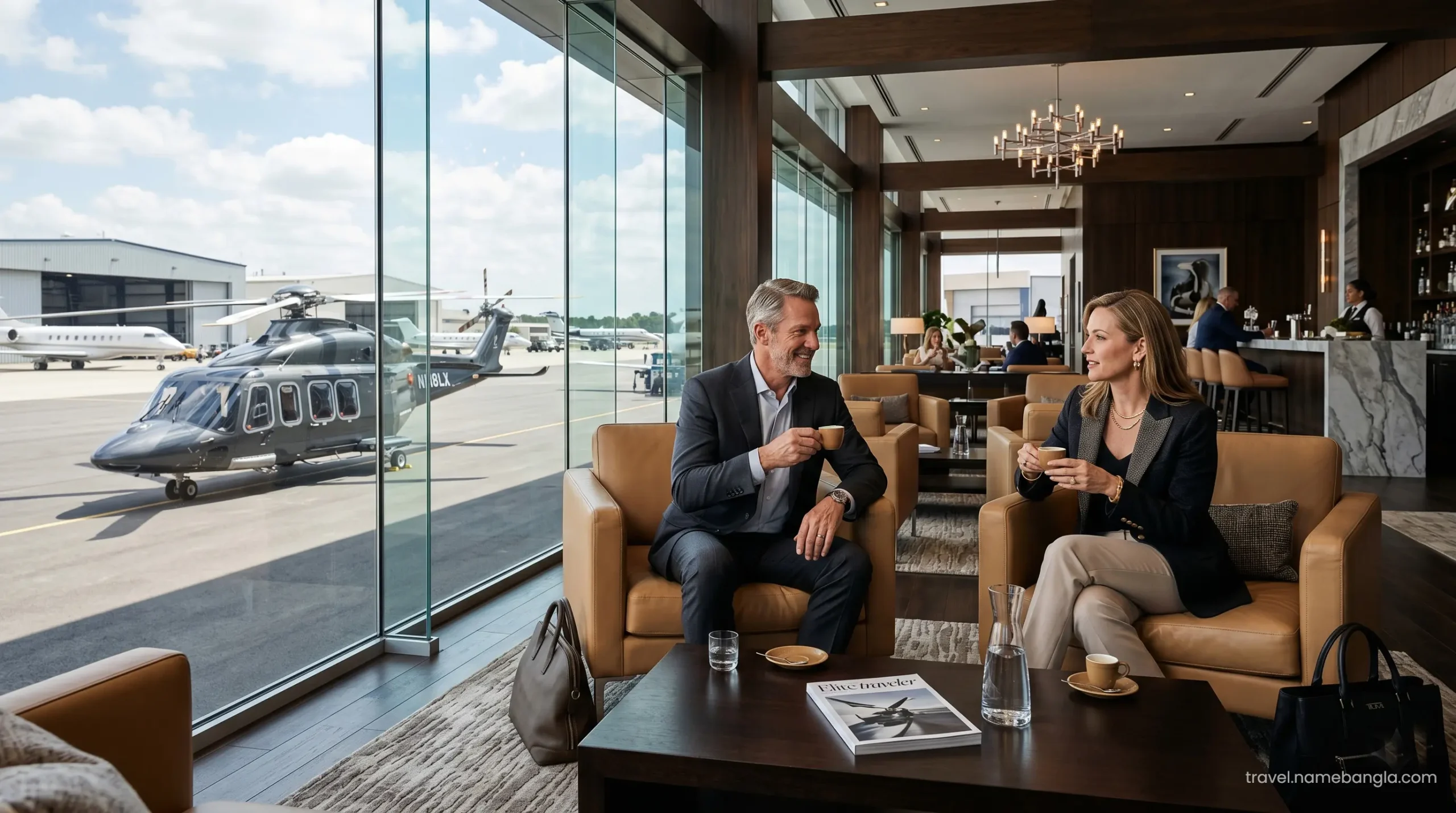 High-net-worth individuals relaxing in a private VIP aviation lounge at Dubai International Airport before their helicopter transfer.