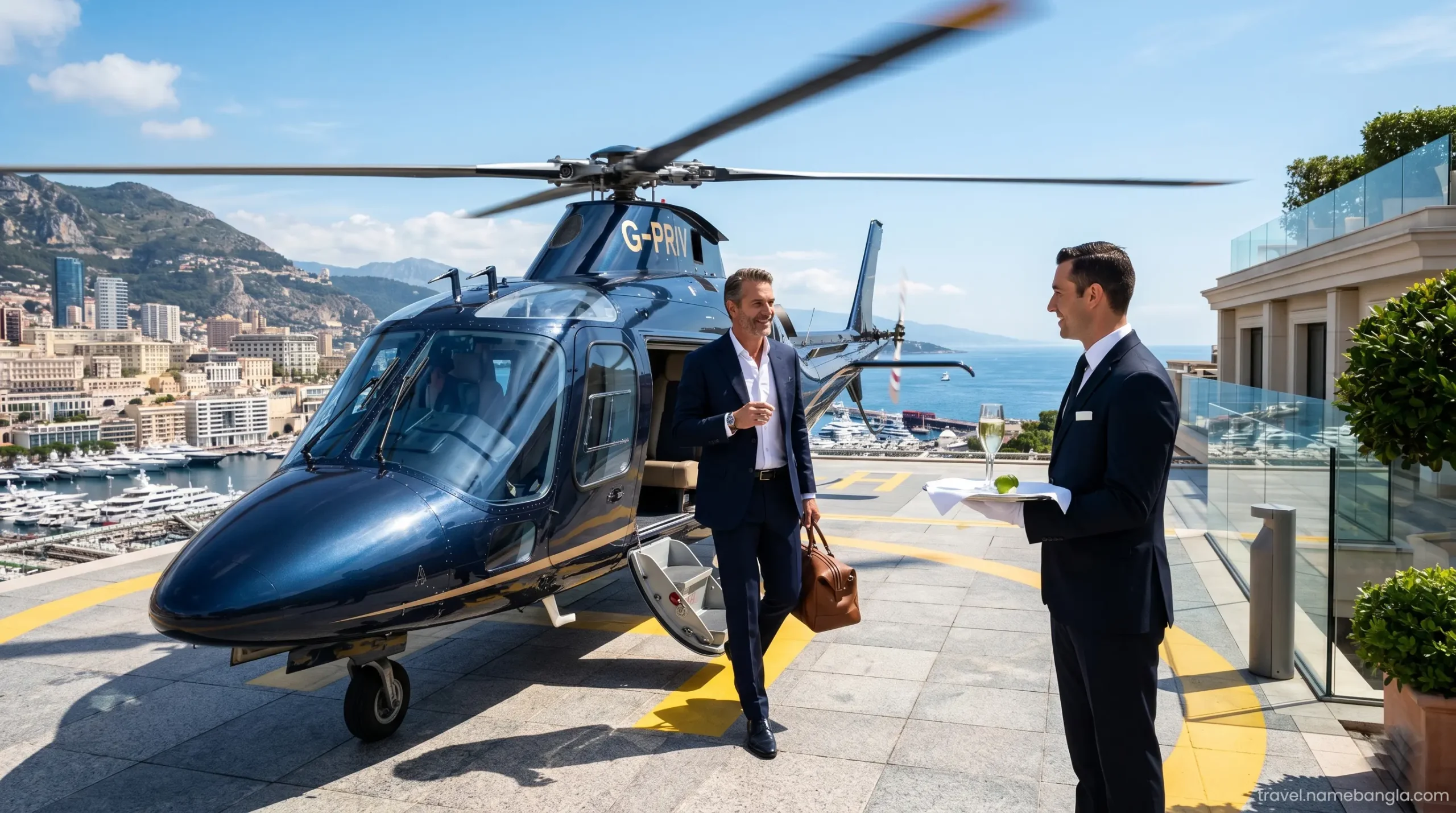 A dedicated butler escorting a VIP guest from a private helicopter arrival, showcasing elite Visa Infinite travel logistics.