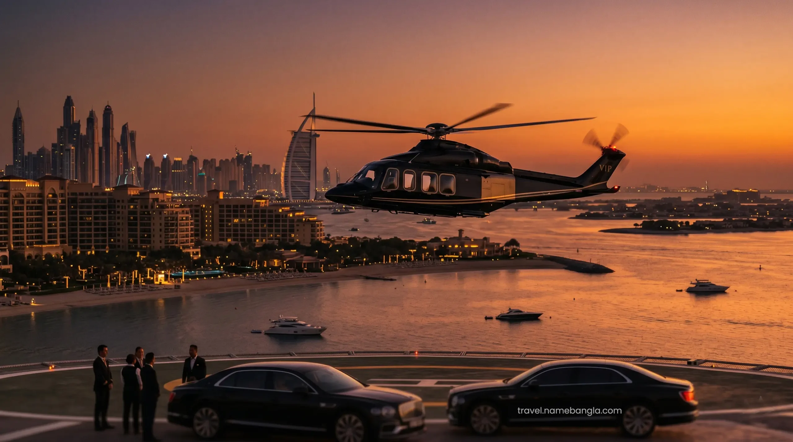 A luxury private helicopter arriving in Dubai, showcasing the elite logistics options available at premium Jumeirah properties.