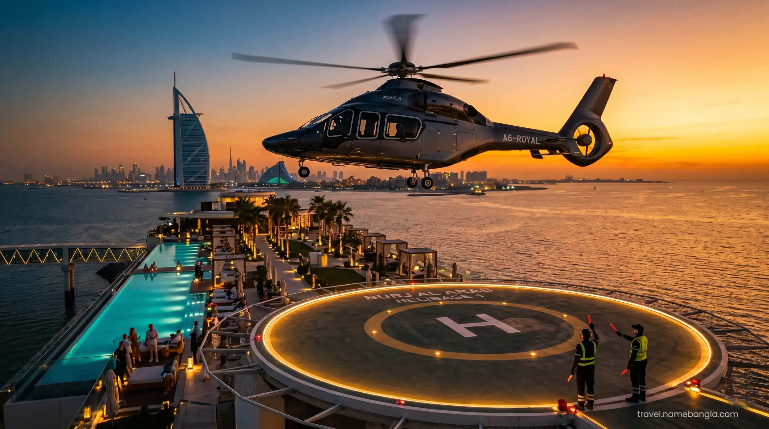 A luxury private helicopter arriving in Dubai, showcasing the elite logistics options available for VIP day pass guests.