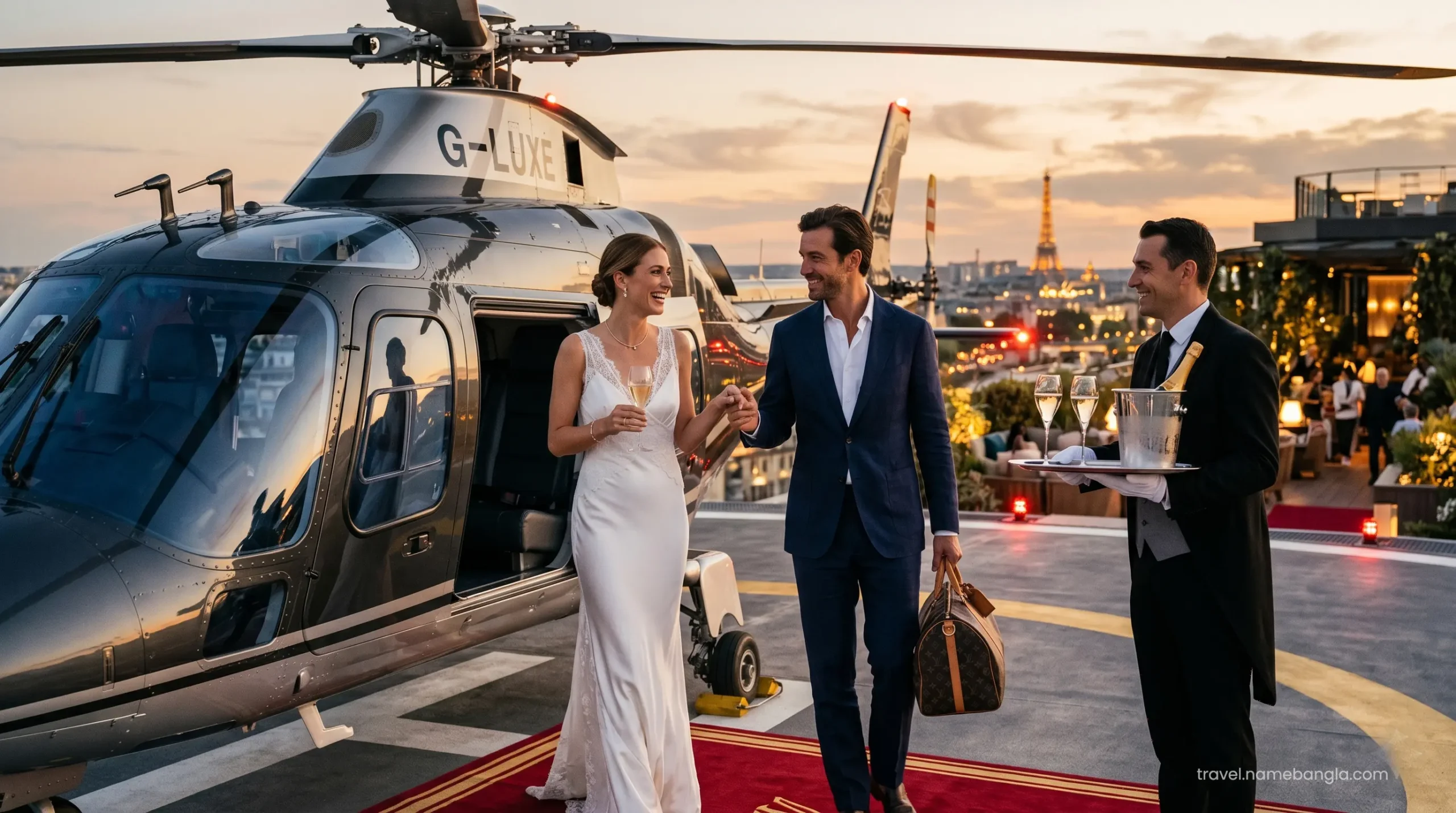 A newlywed high-net-worth couple arriving at the Burj Al Arab helipad via a private luxury helicopter for their honeymoon.