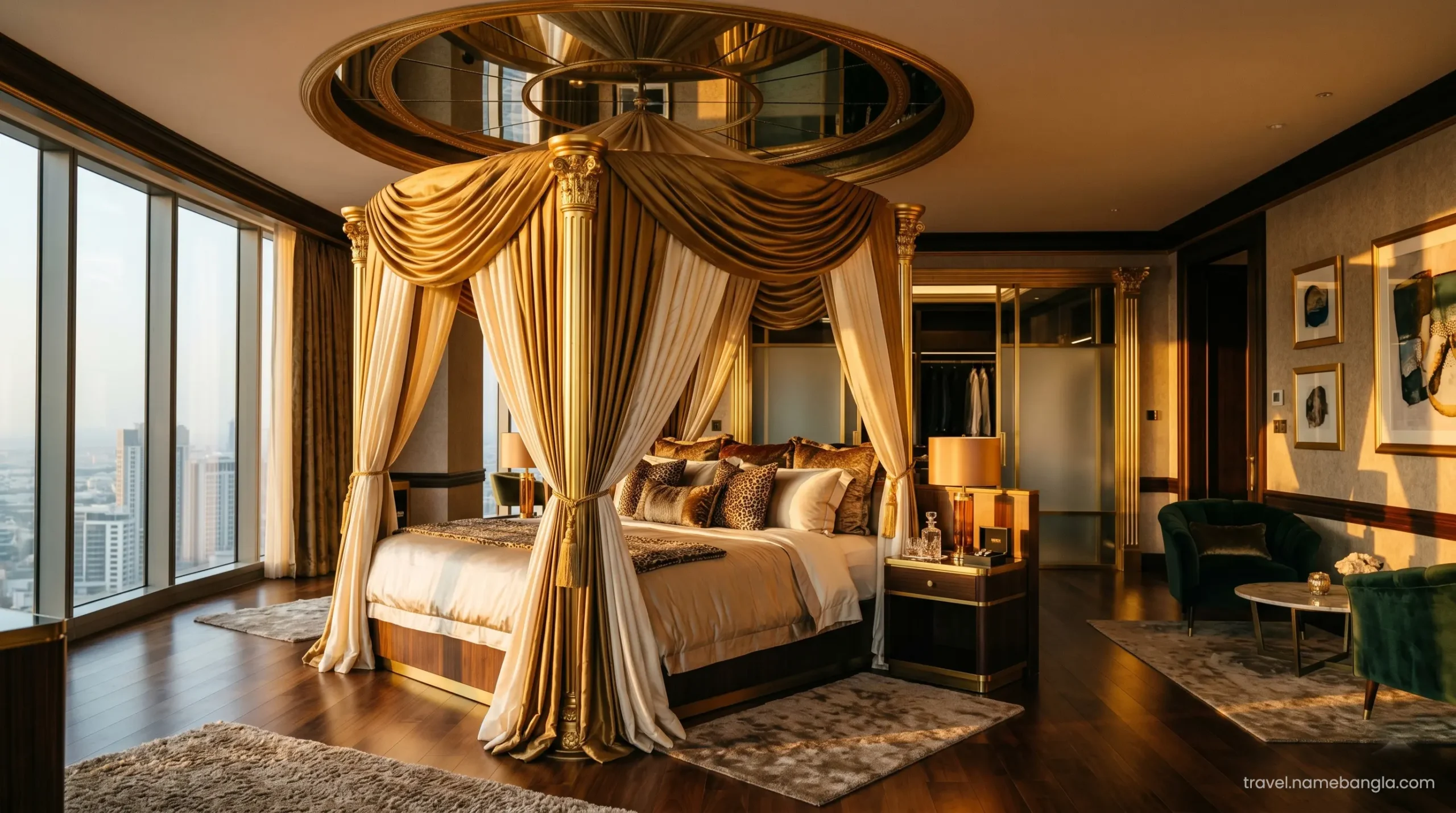 The legendary rotating canopy master bed inside the Burj Al Arab Royal Suite, representing ultimate 7-star luxury.