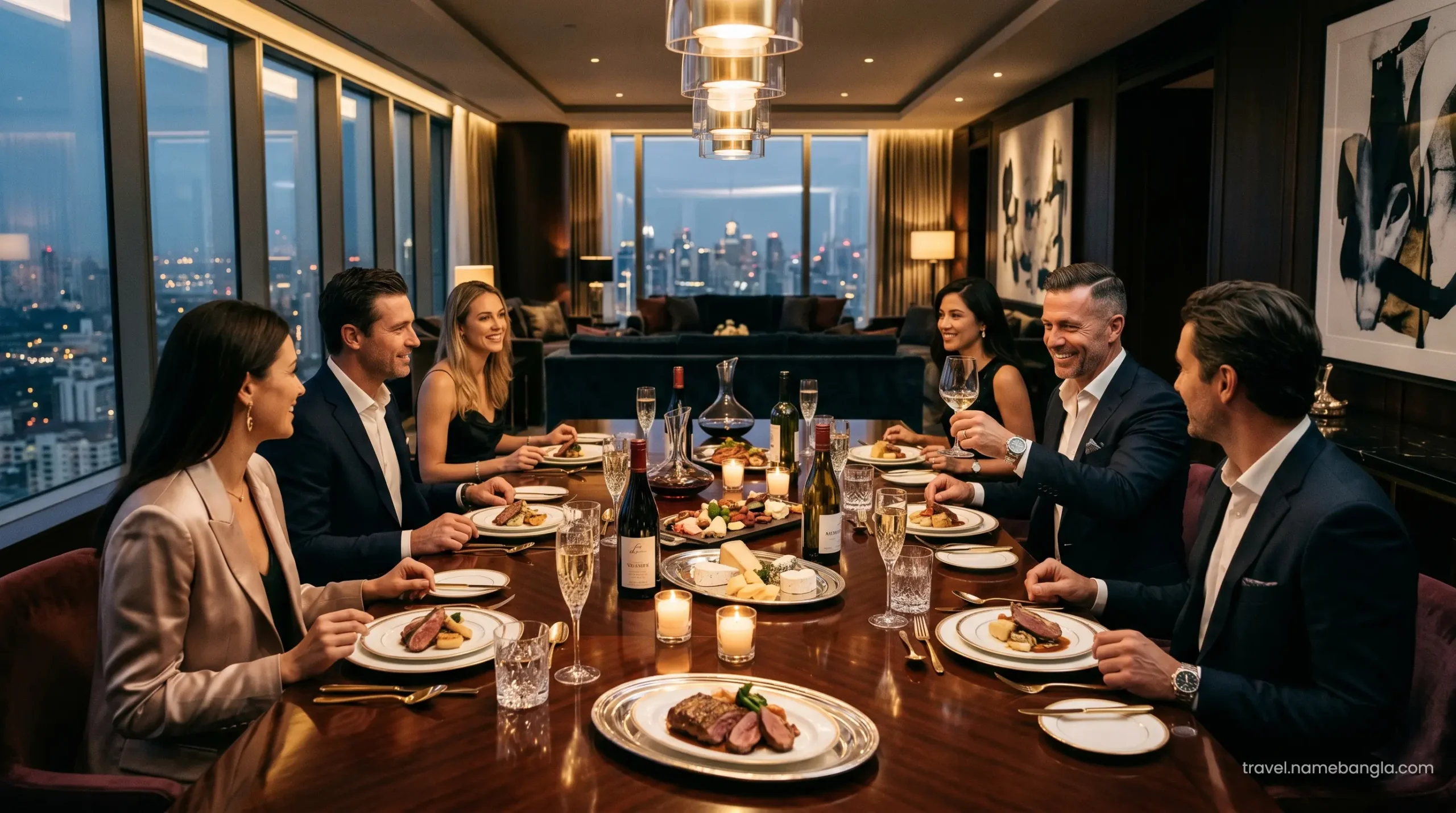 High-net-worth individuals discussing offshore financial portfolios during a private dinner inside the Burj Al Arab Royal Suite.