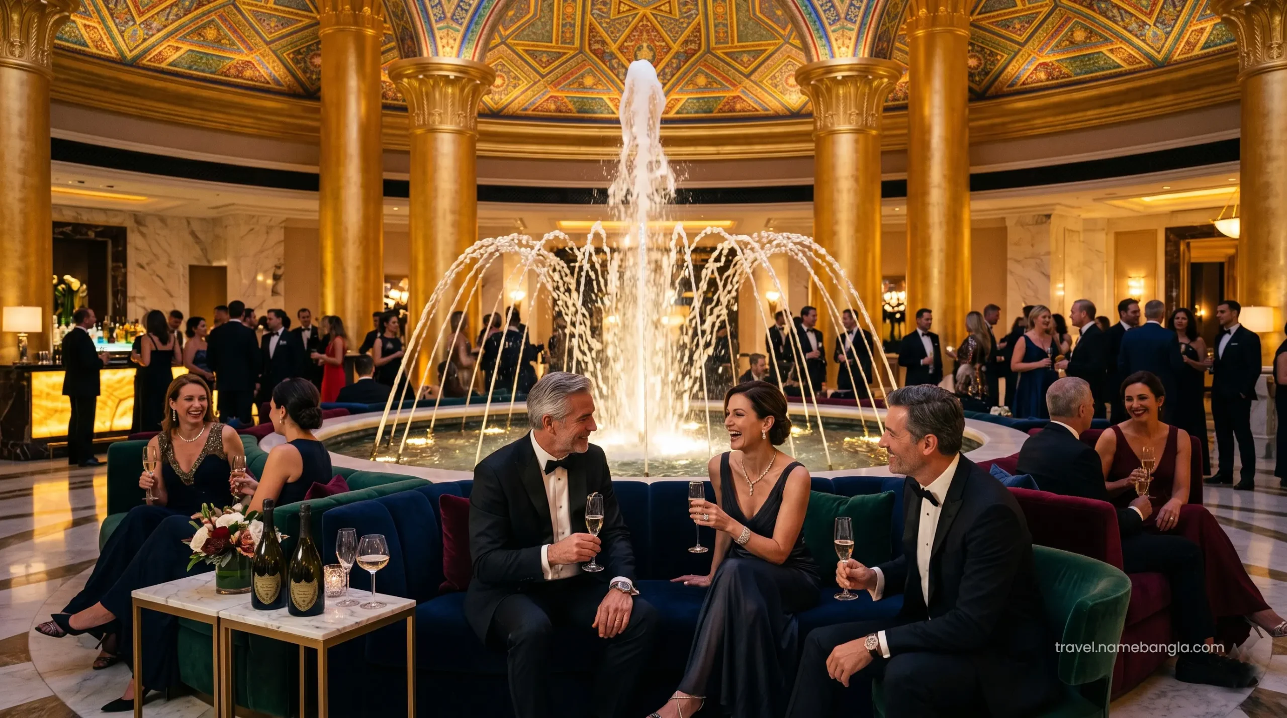 Elite international travelers relaxing and networking over afternoon tea at the base of the spectacular Burj Al Arab atrium.
