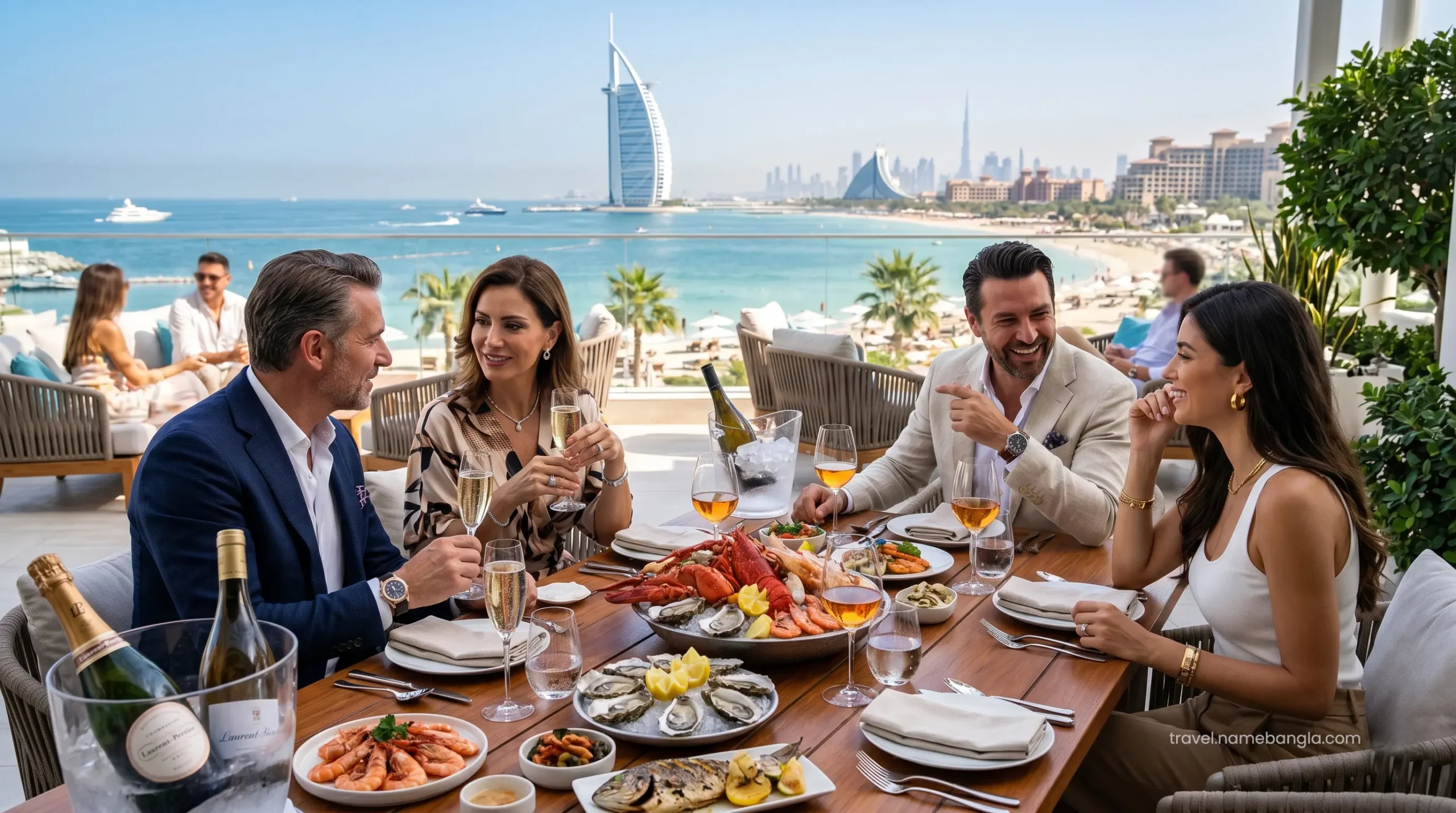 Elite international travelers enjoying a Mediterranean fine dining feast at the exclusive SAL beach club on the Burj Al Arab Terrace.