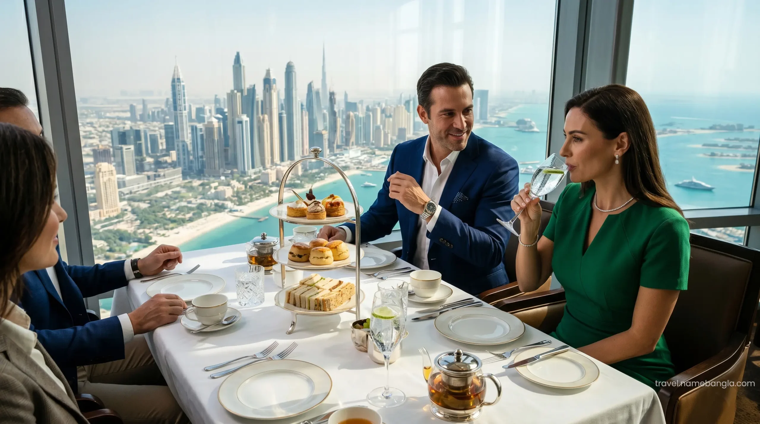 High-net-worth individuals enjoying premium afternoon tea at the Skyview Bar on the 27th floor of Burj Al Arab.
