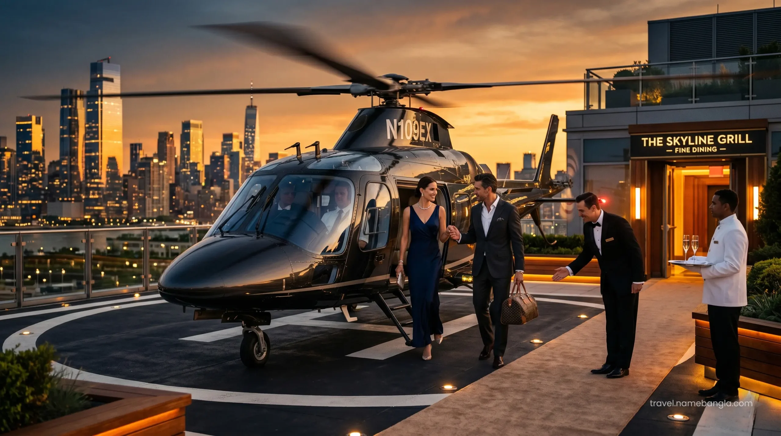 A dedicated butler escorting VIP guests from a private helicopter arrival directly to a Michelin-starred dinner at Burj Al Arab.