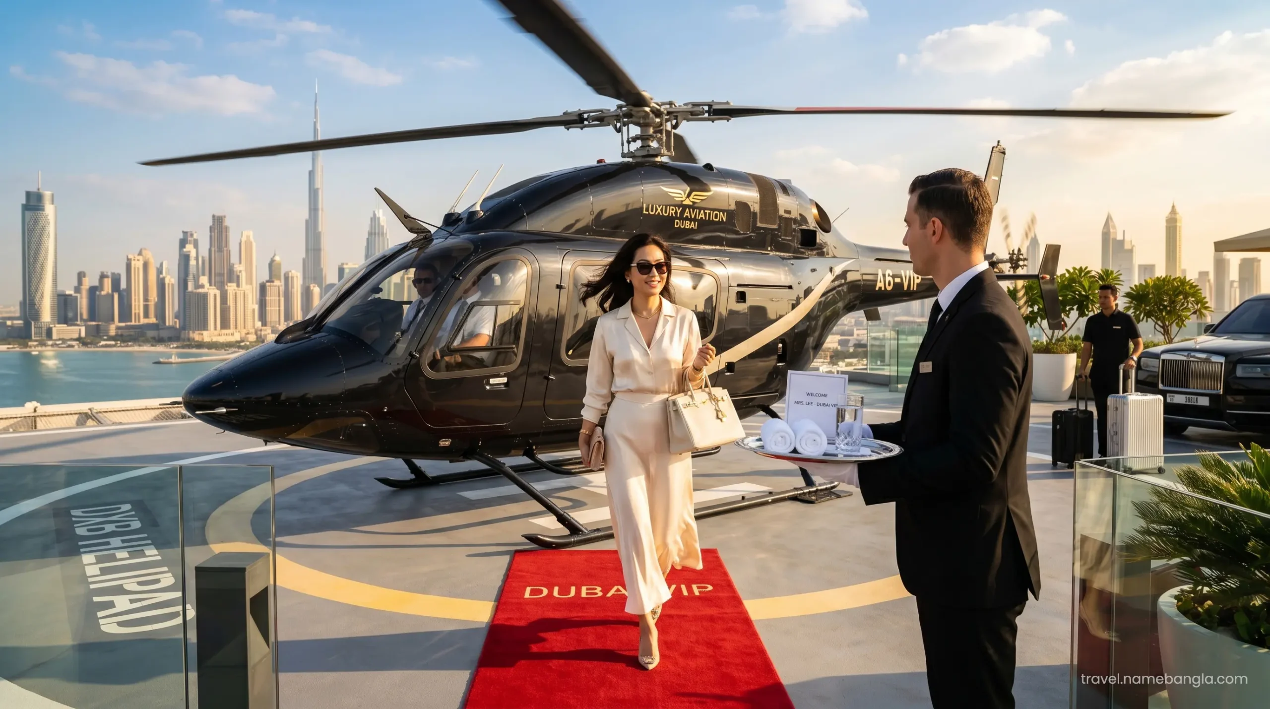A dedicated butler escorting a VIP guest from a private helicopter arrival, showcasing premium travel logistics booked via luxury platforms.