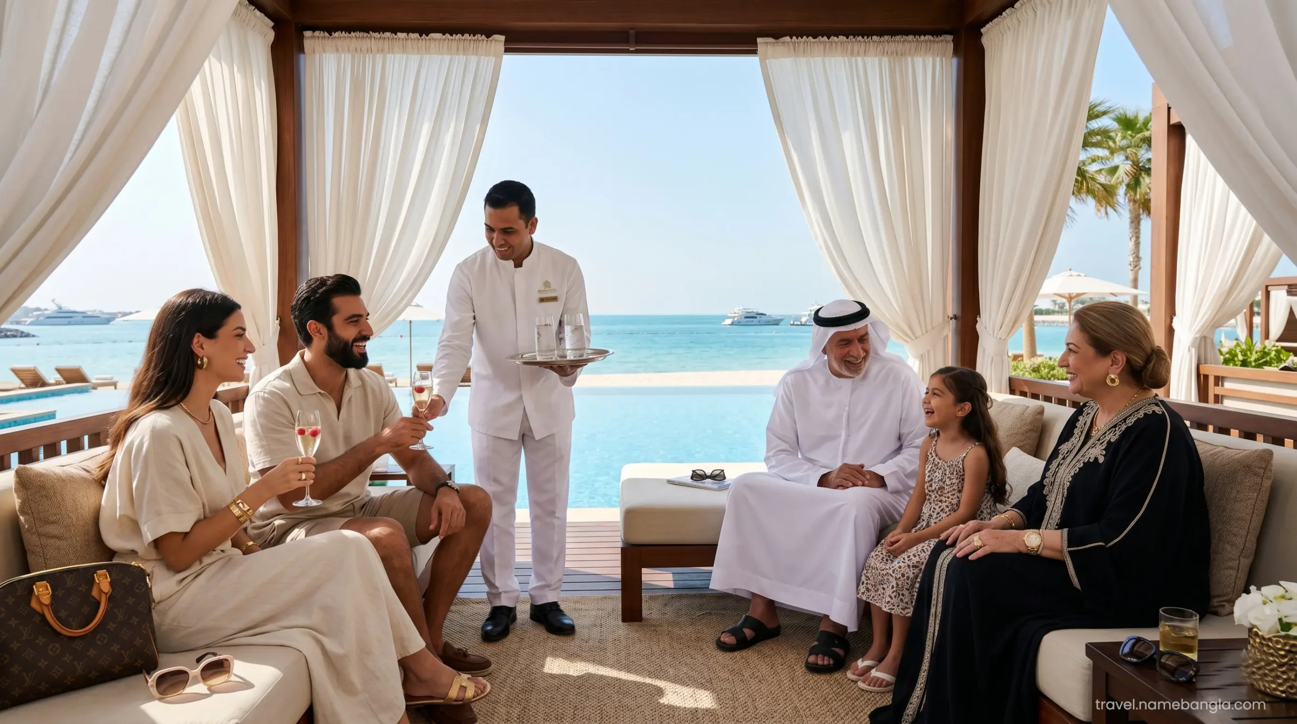 A distinguished multi-generational Gulf family enjoying a highly private, premium luxury afternoon by the pool at a Jumeirah resort.