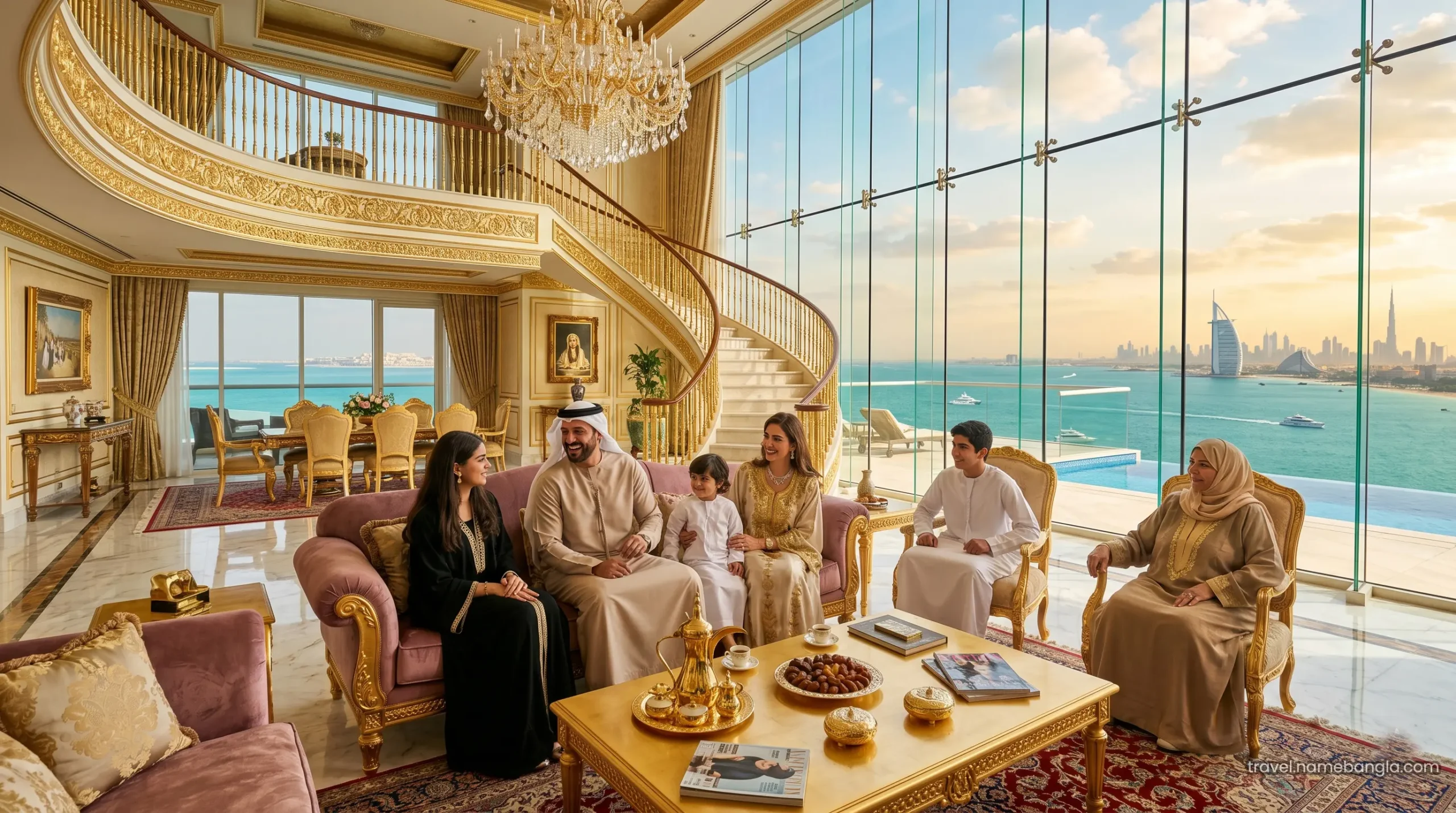 A multi-generational Arab family relaxing in the palatial living room of a signature duplex suite at Burj Al Arab.