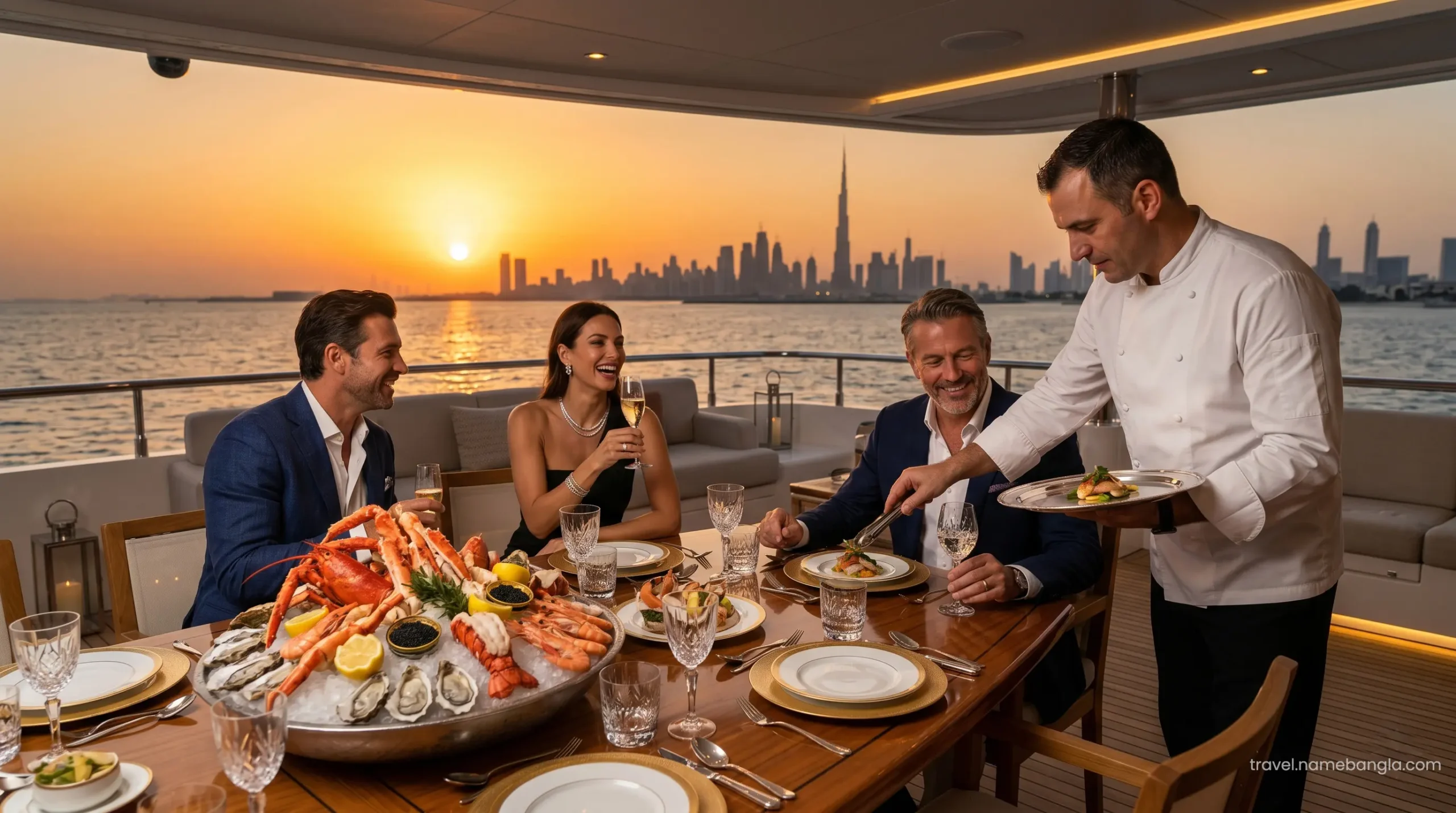 A dedicated private chef preparing a Michelin-quality seafood feast aboard a luxury yacht chartered near the Burj Al Arab.