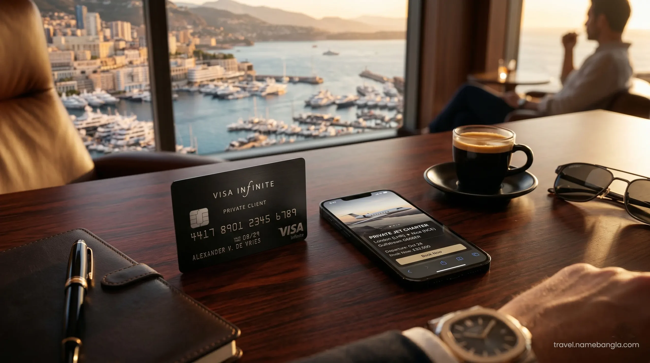 A sleek Visa Infinite card resting on a premium leather desk pad next to a smartphone displaying Agoda Platinum VIP deals.