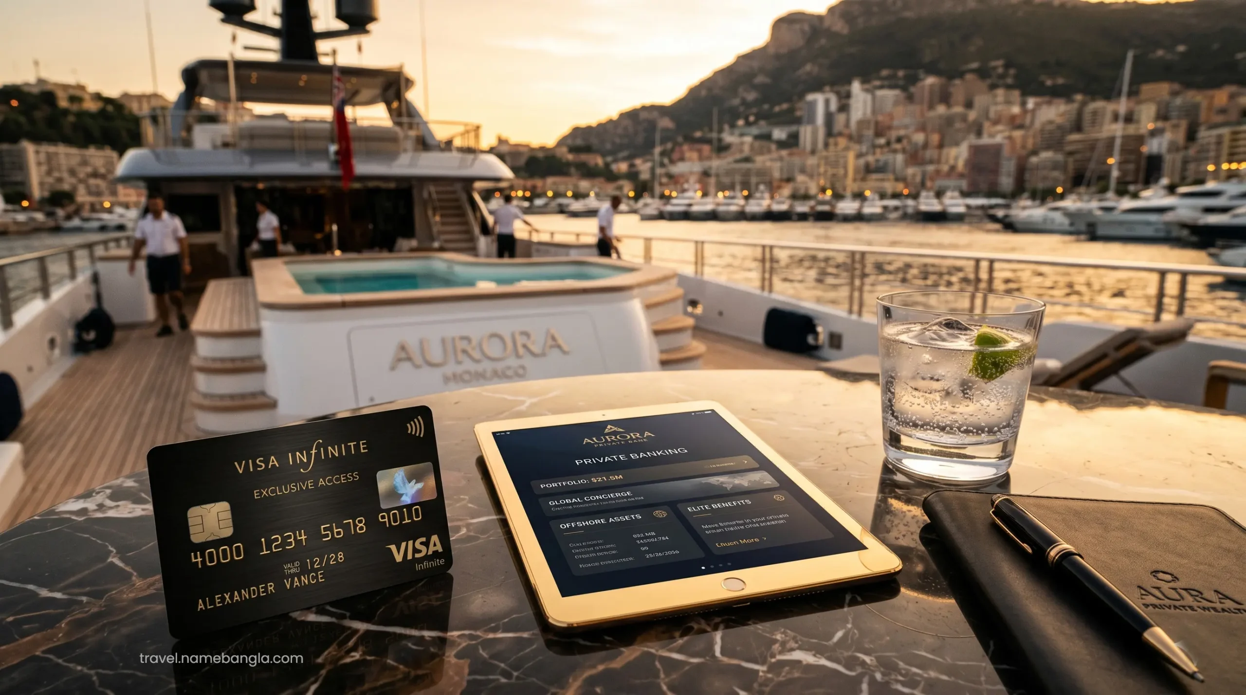 A sleek Visa Infinite card resting on a gold tray inside a luxury Dubai hotel suite.